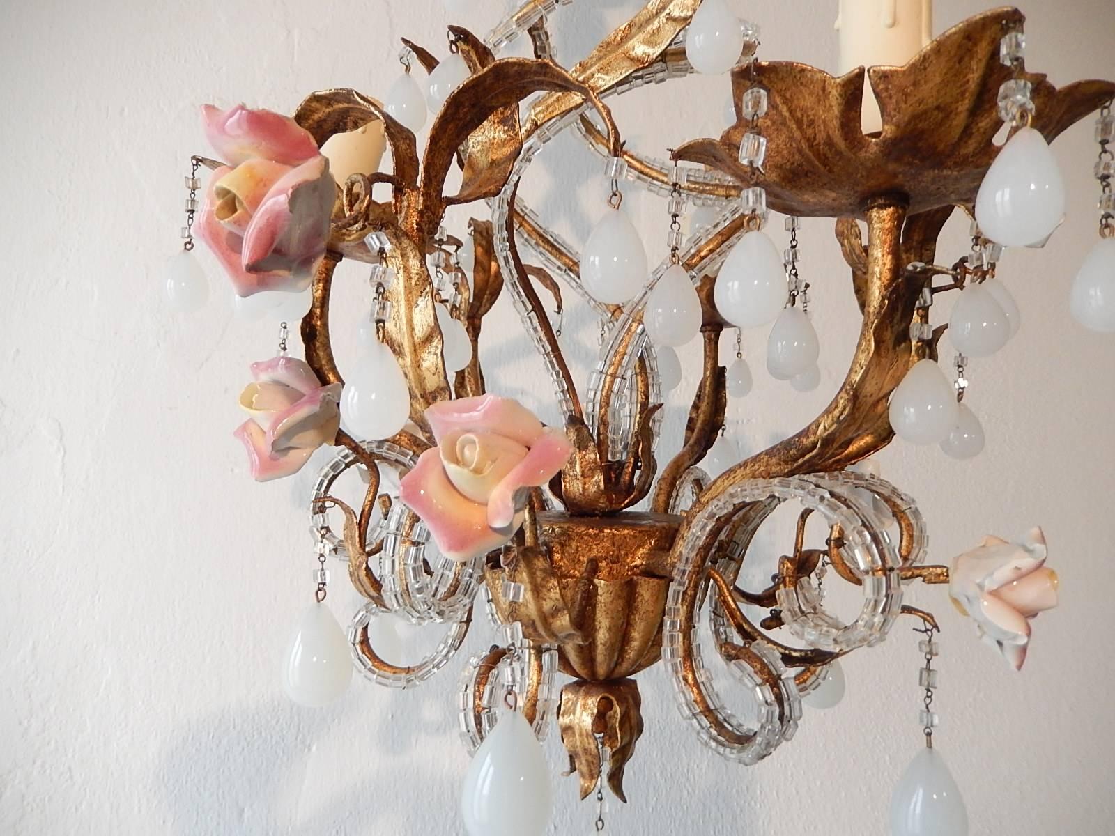 French Maison Bagues Style Tole Beaded Roses and White Opaline Drops Chandelier For Sale 1