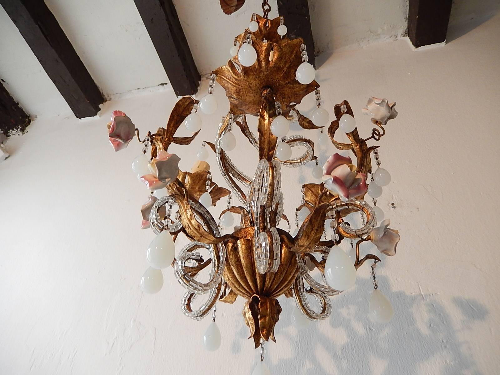 French Maison Bagues Style Tole Beaded Roses and White Opaline Drops Chandelier For Sale 2