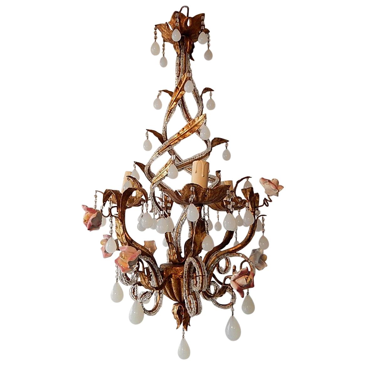 French Maison Bagues Style Tole Beaded Roses and White Opaline Drops Chandelier For Sale