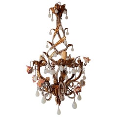 Antique French Maison Bagues Style Tole Beaded Roses and White Opaline Drops Chandelier