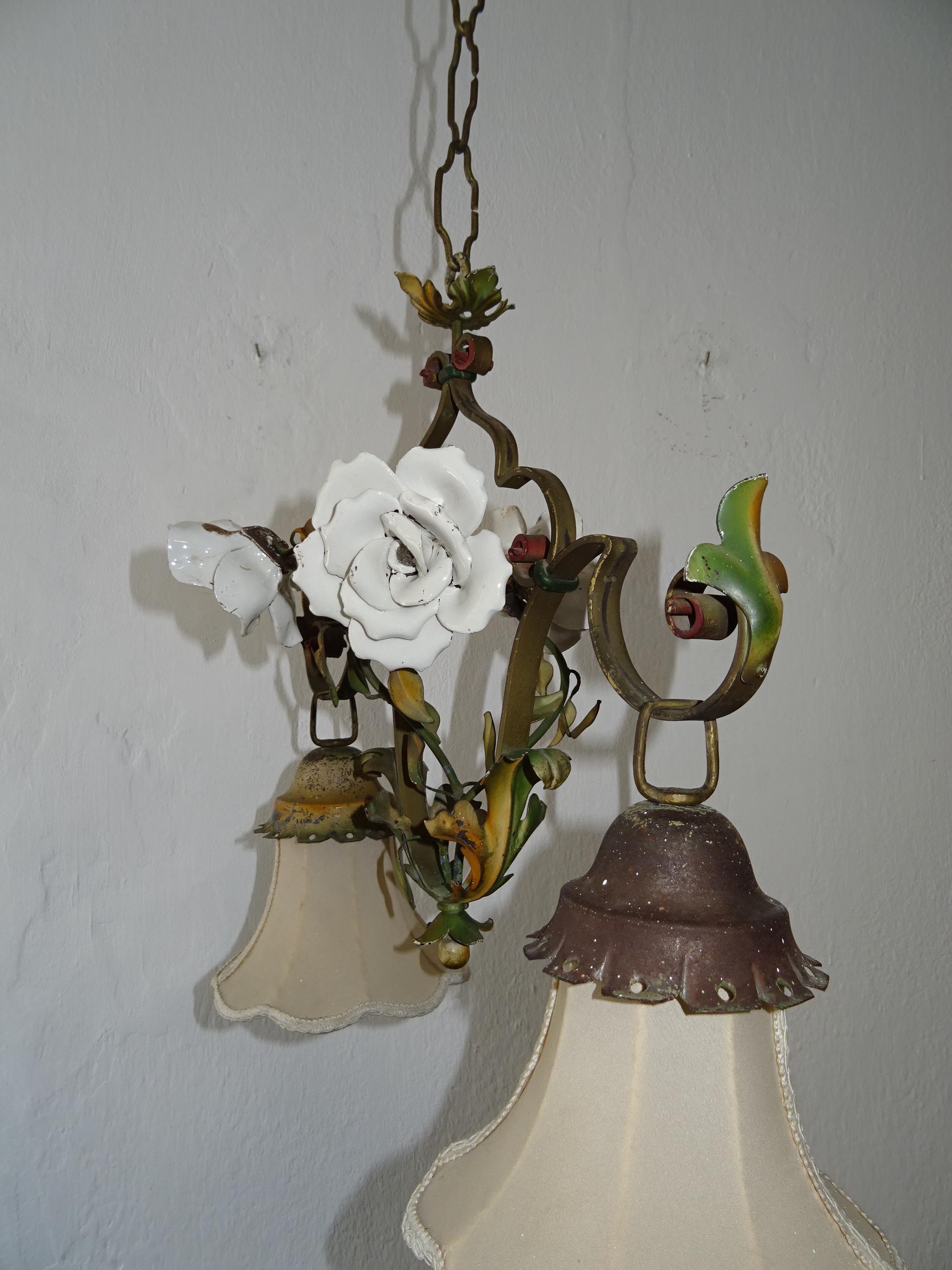 French Tole Big White Porcelain Flowers Original Shades Chandelier, circa 1920 6