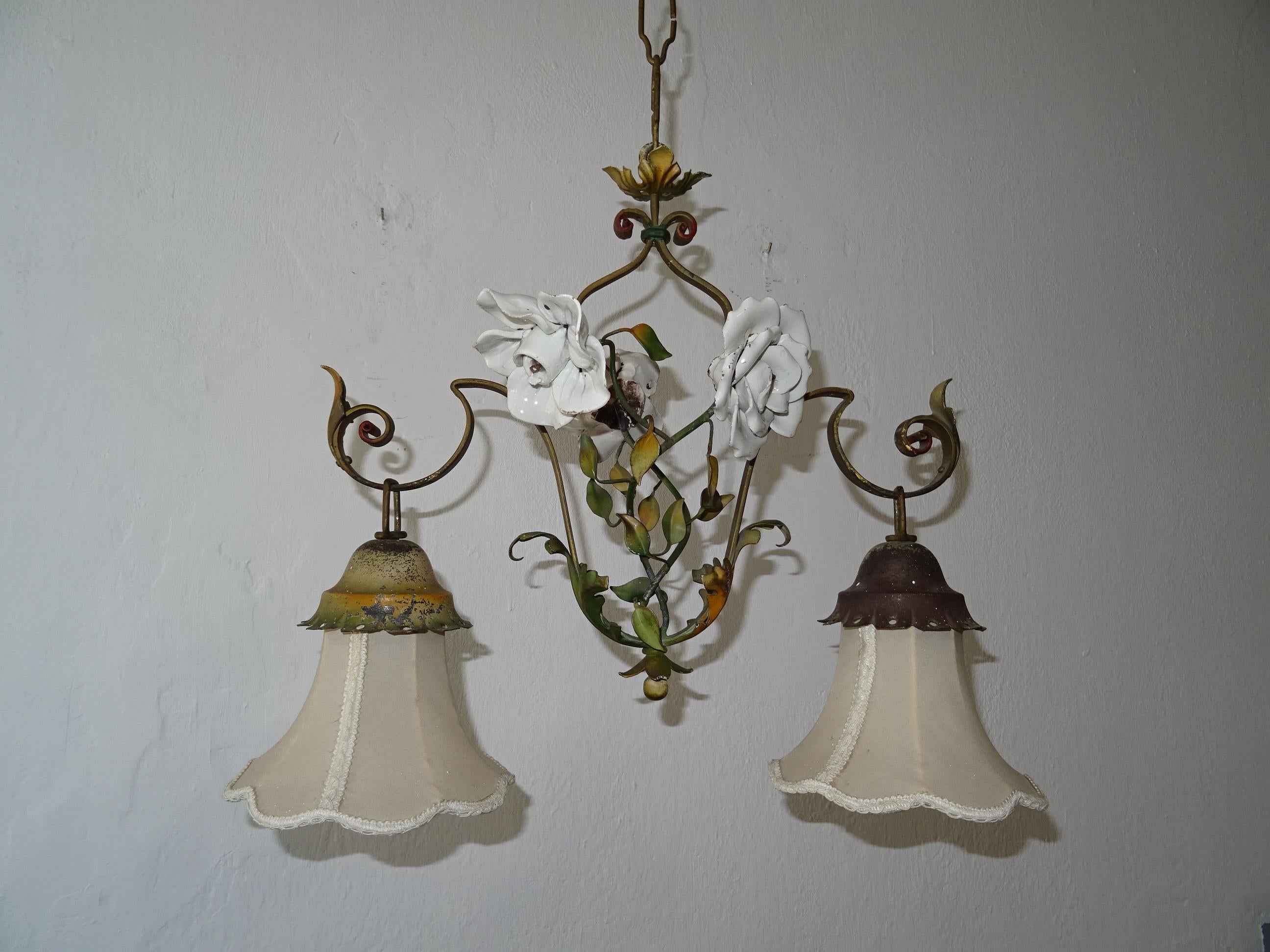 Housing 2 lights. Will be re-wired and certified UL US sockets for the USA and appropriate sockets for every other country and ready to hang! Body is in tole with leaves with original paint. 3 gorgeous handmade huge white porcelain flowers! Huge