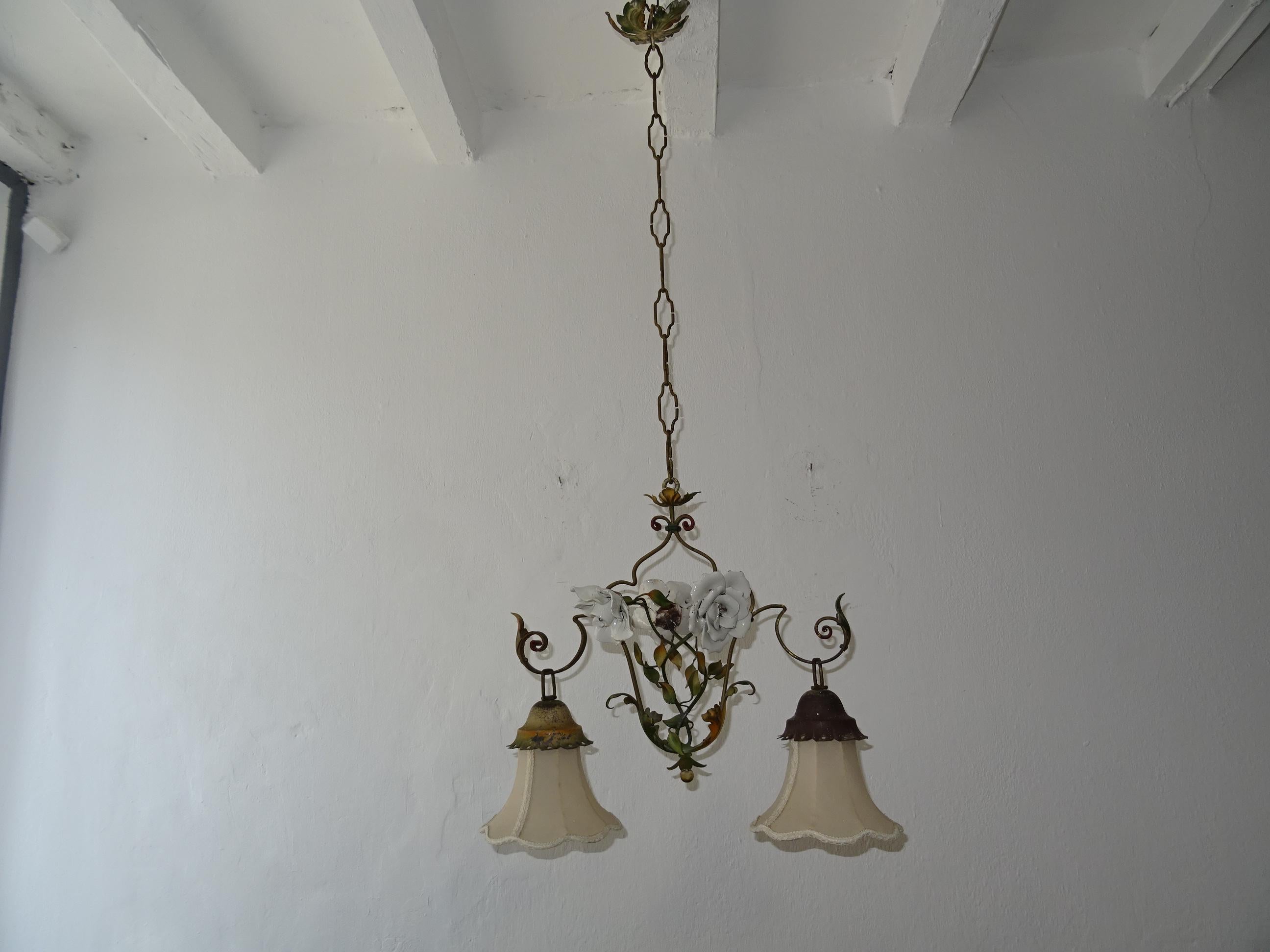 Early 20th Century French Tole Big White Porcelain Flowers Original Shades Chandelier, circa 1920 For Sale