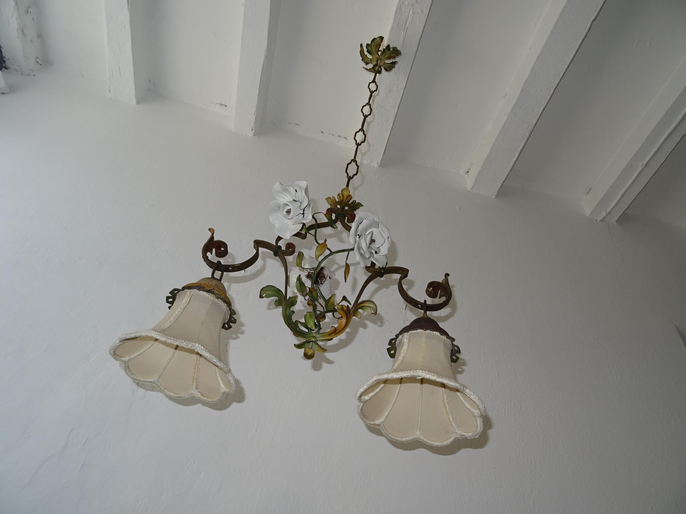 French Tole Big White Porcelain Flowers Original Shades Chandelier, circa 1920 For Sale 1