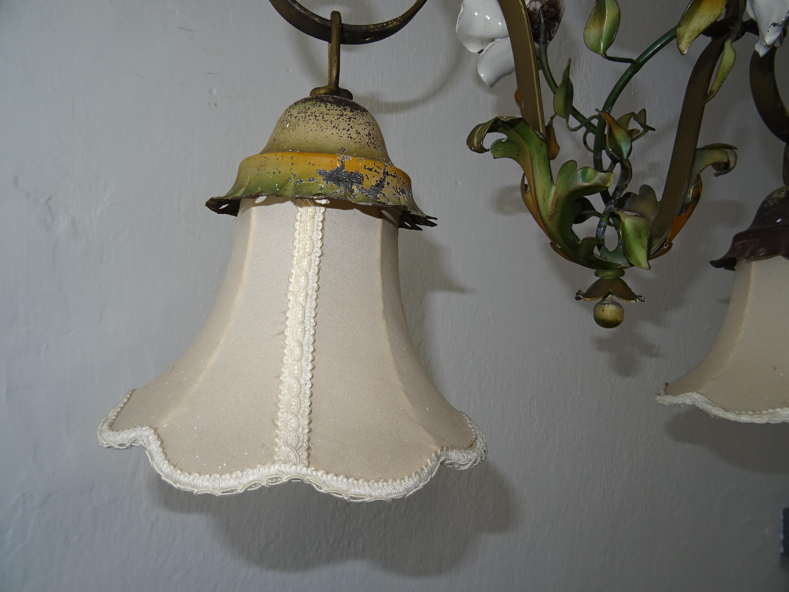 French Tole Big White Porcelain Flowers Original Shades Chandelier, circa 1920 For Sale 2