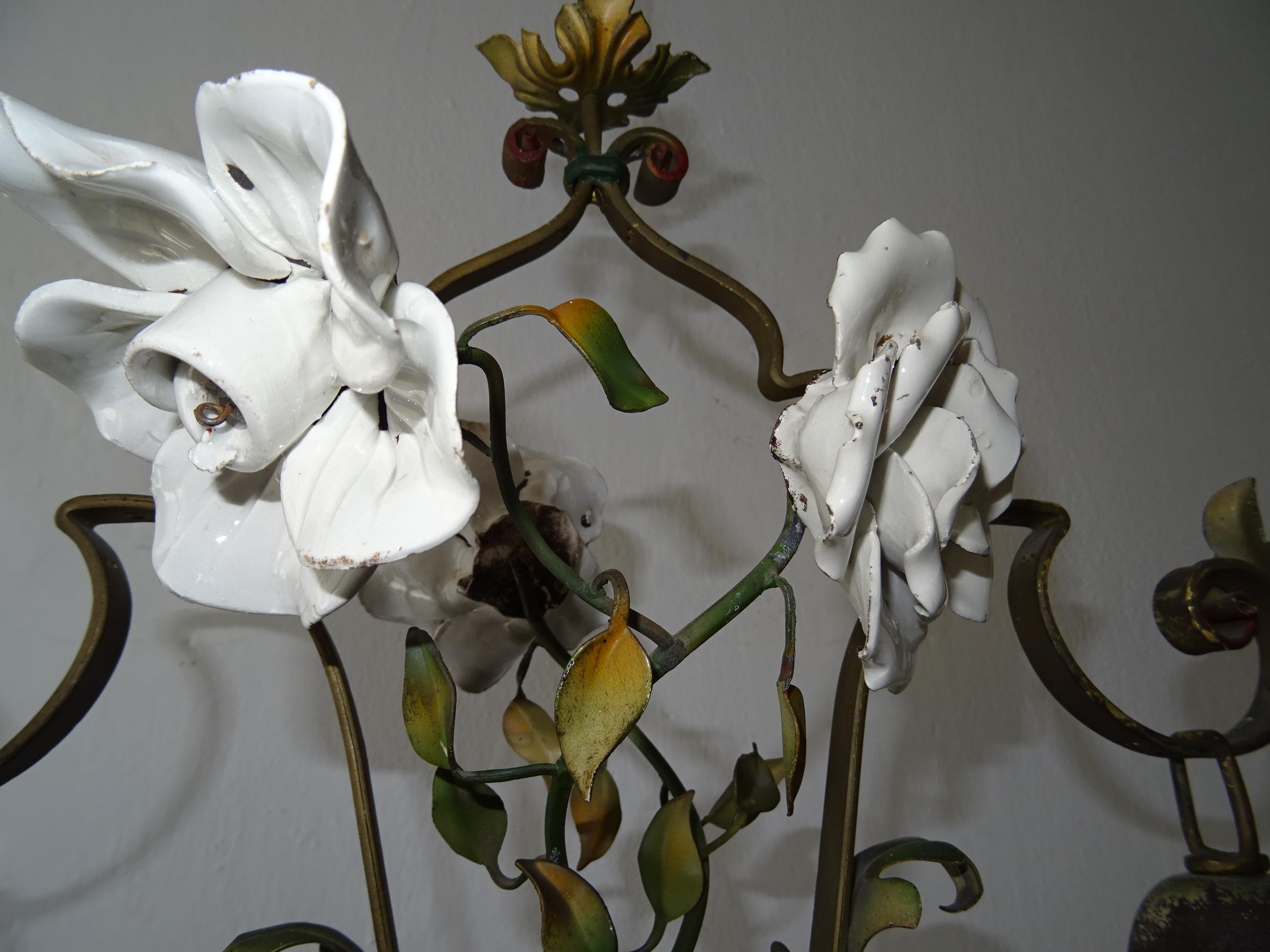 French Tole Big White Porcelain Flowers Original Shades Chandelier, circa 1920 For Sale 3