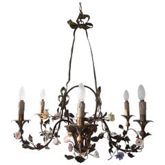 French Tole Bows with Porcelain Flowers and Basket Chandelier, circa 1870