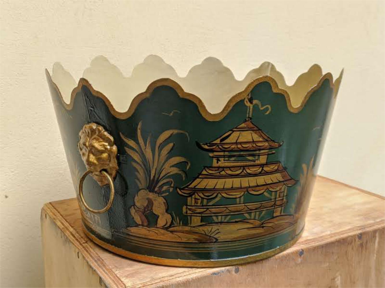 Limited production of French tole hand painted cachepot in chinoiserie style. Available in different colors. Conic shaped with scalloped top.