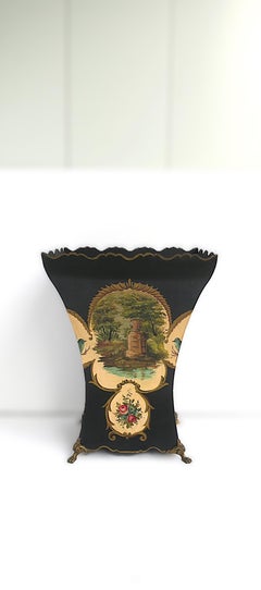 French Tole Cachepot Umbrella Stand Scalloped Edge Lion Paw Feet, Large