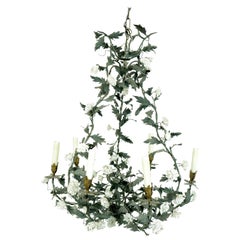 Antique French Tole Chandelier with Porcelain Flowers, Late 19th Century