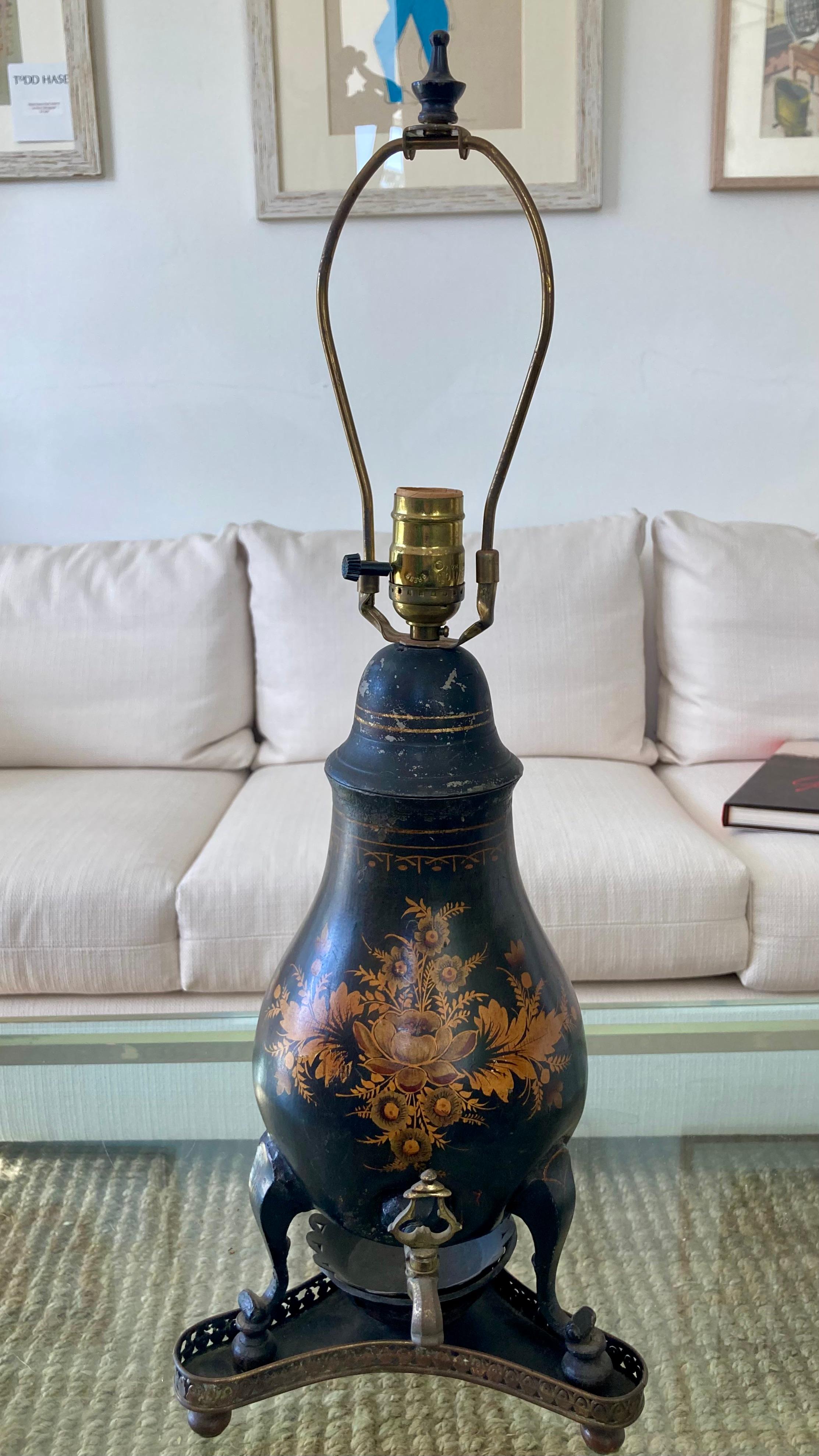 Beautiful French tole decanter lamp. Fabulous details of metal work and painting. Add some French style to your home.