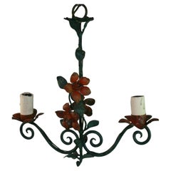 French Tole Flower and Green  Leaves Two Light Chandelier