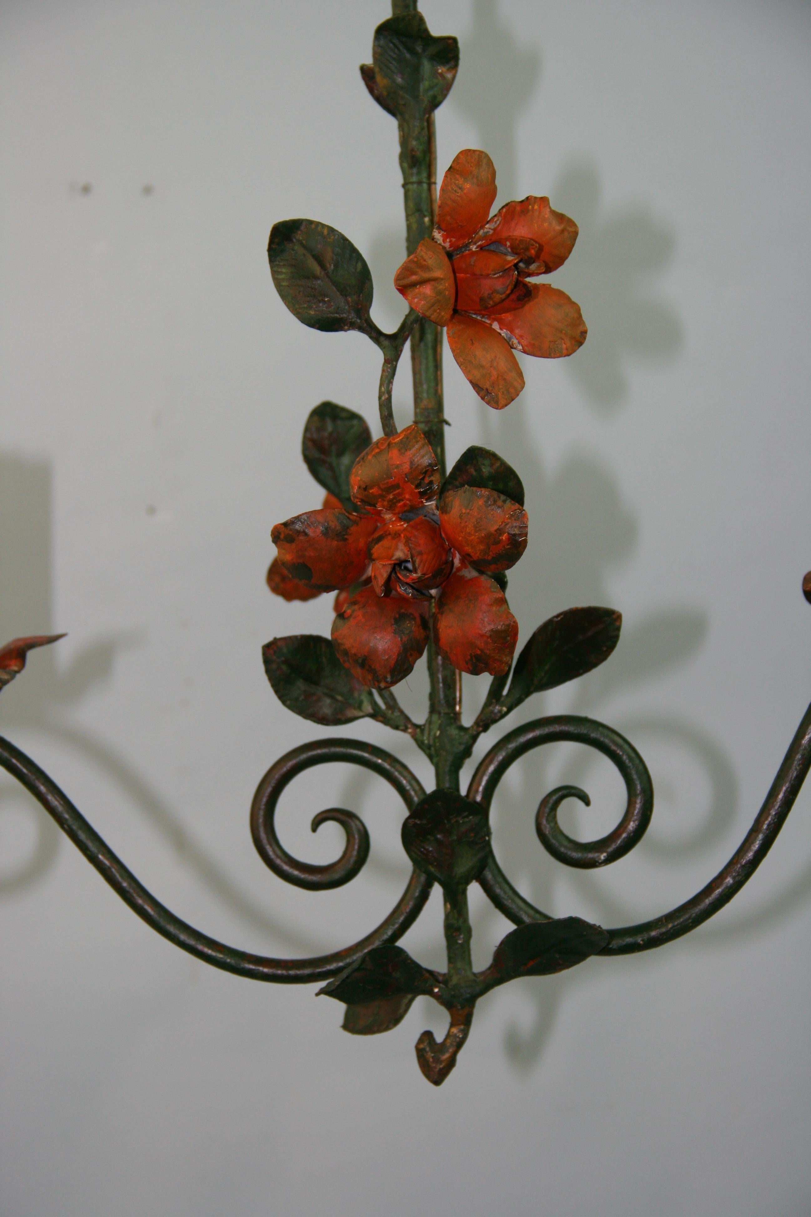 French Tole Flower and Leaves Two Light Chandelier In Good Condition For Sale In Douglas Manor, NY
