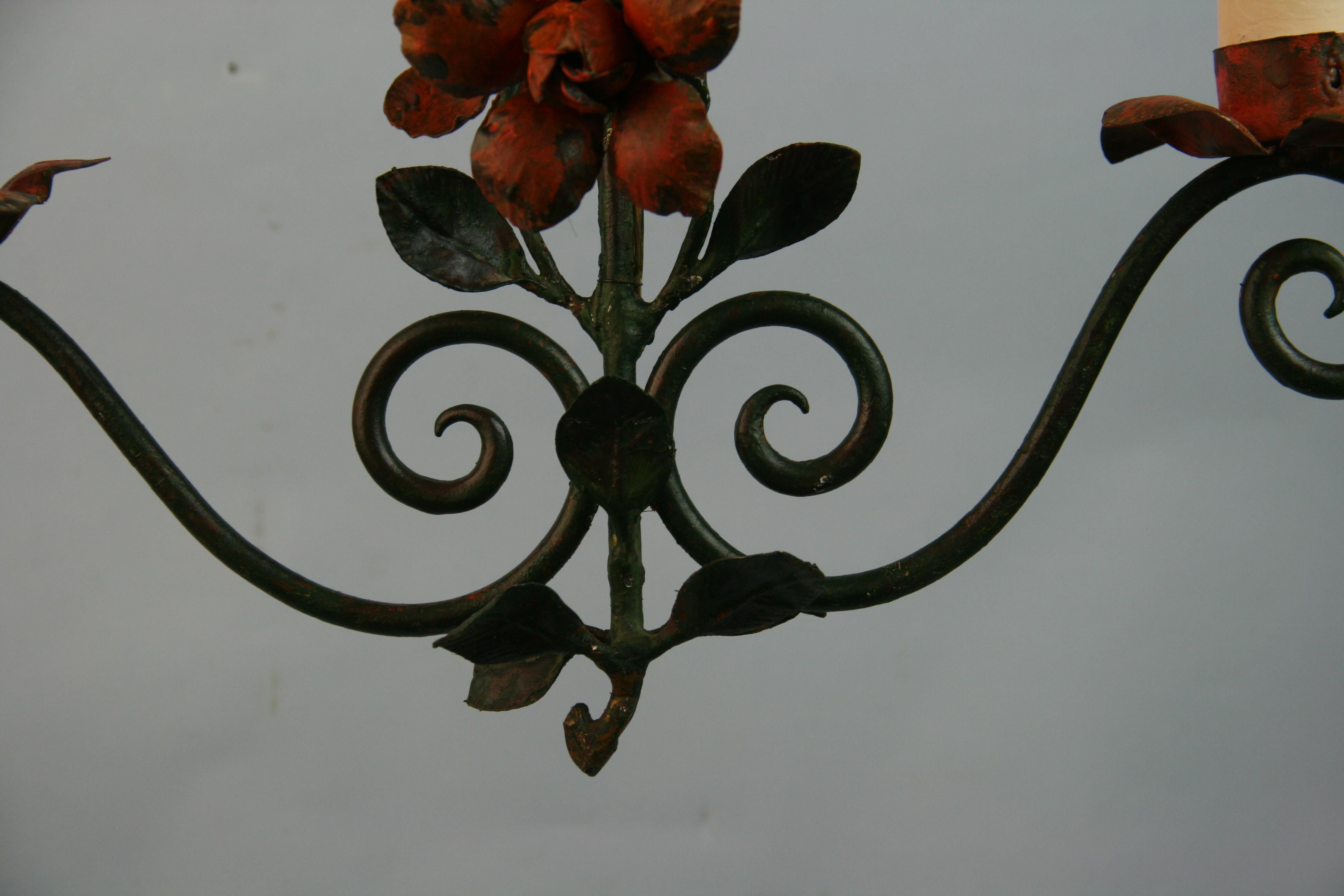 Metal French Tole Flower and Leaves Two Light Chandelier For Sale