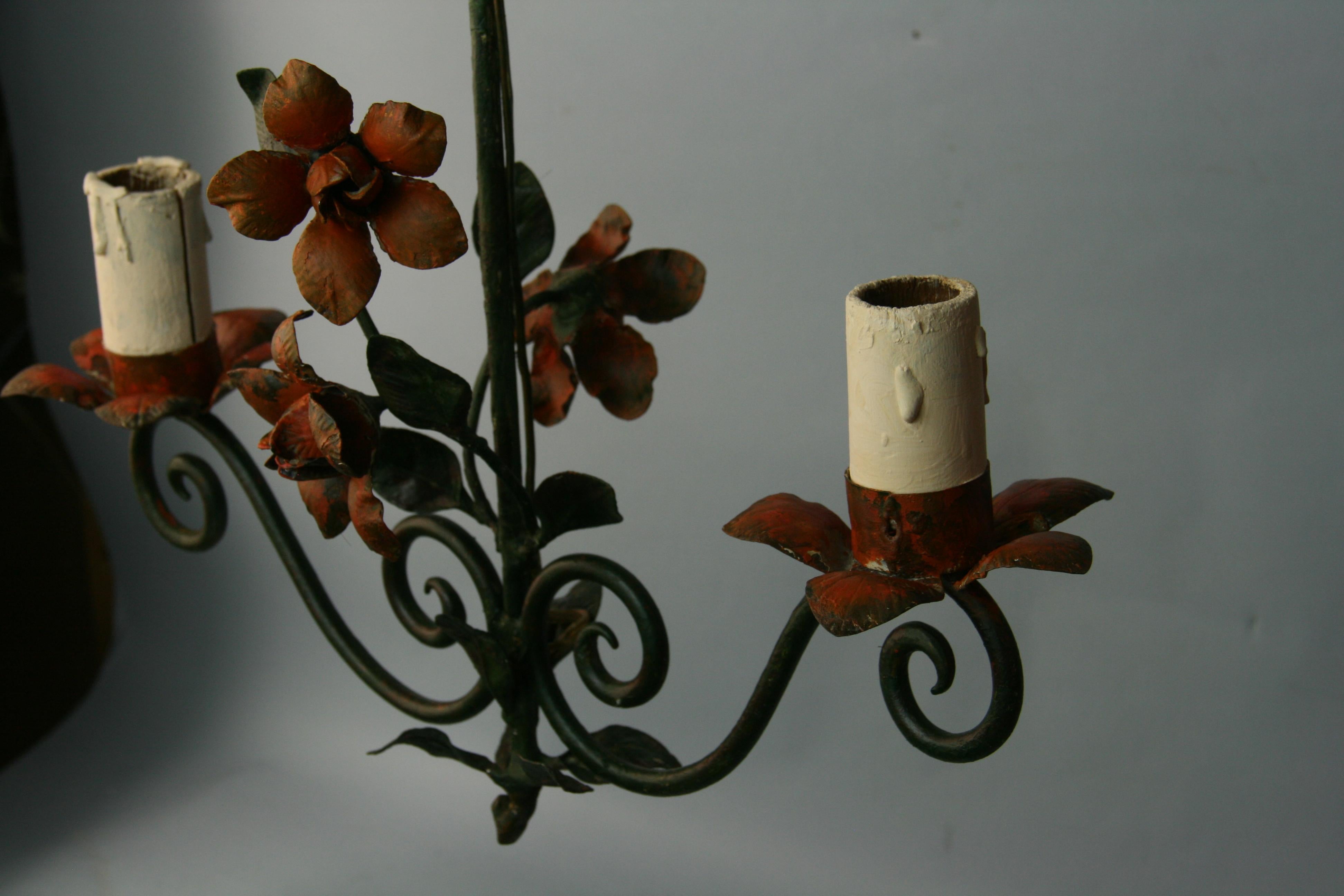 French Tole Flower and Leaves Two Light Chandelier For Sale 1