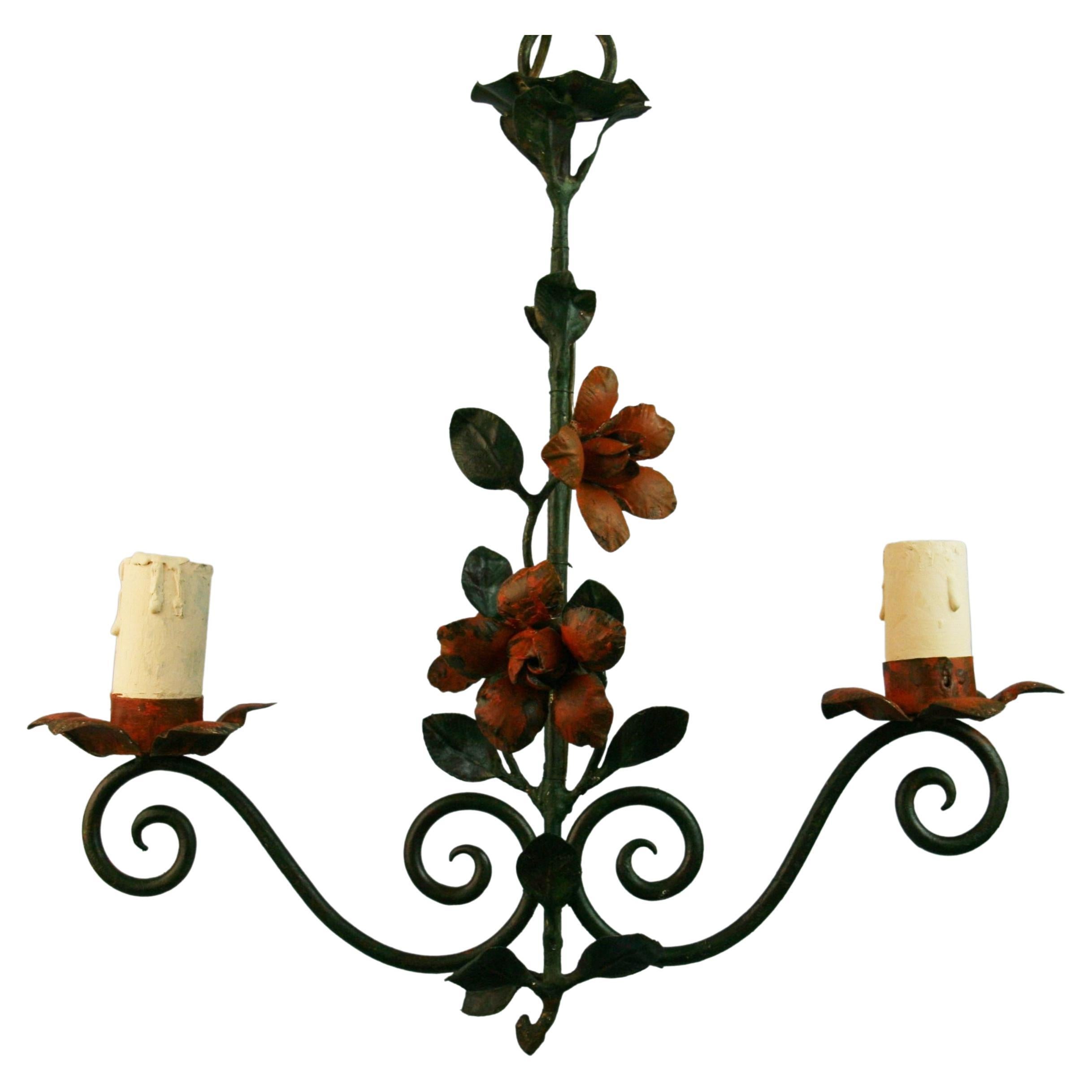 French Tole Flower and Leaves Two Light Chandelier