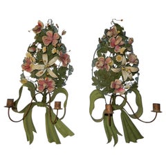 Antique French Tole Flowers and Huge Bows Sconces, circa 1850