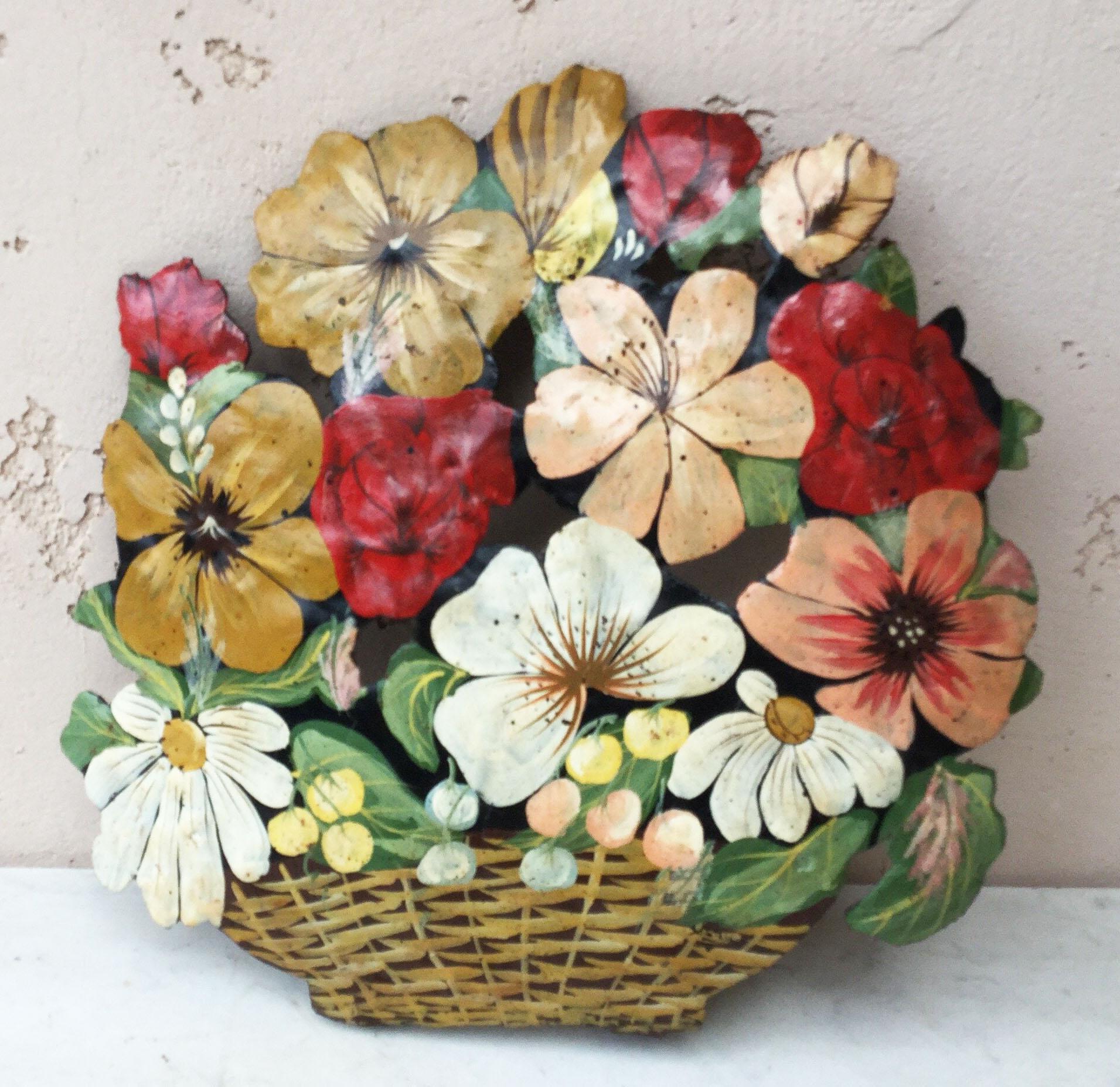 Interesting French tole decoration bunch of flowers in a basket, maybe a dummy board.