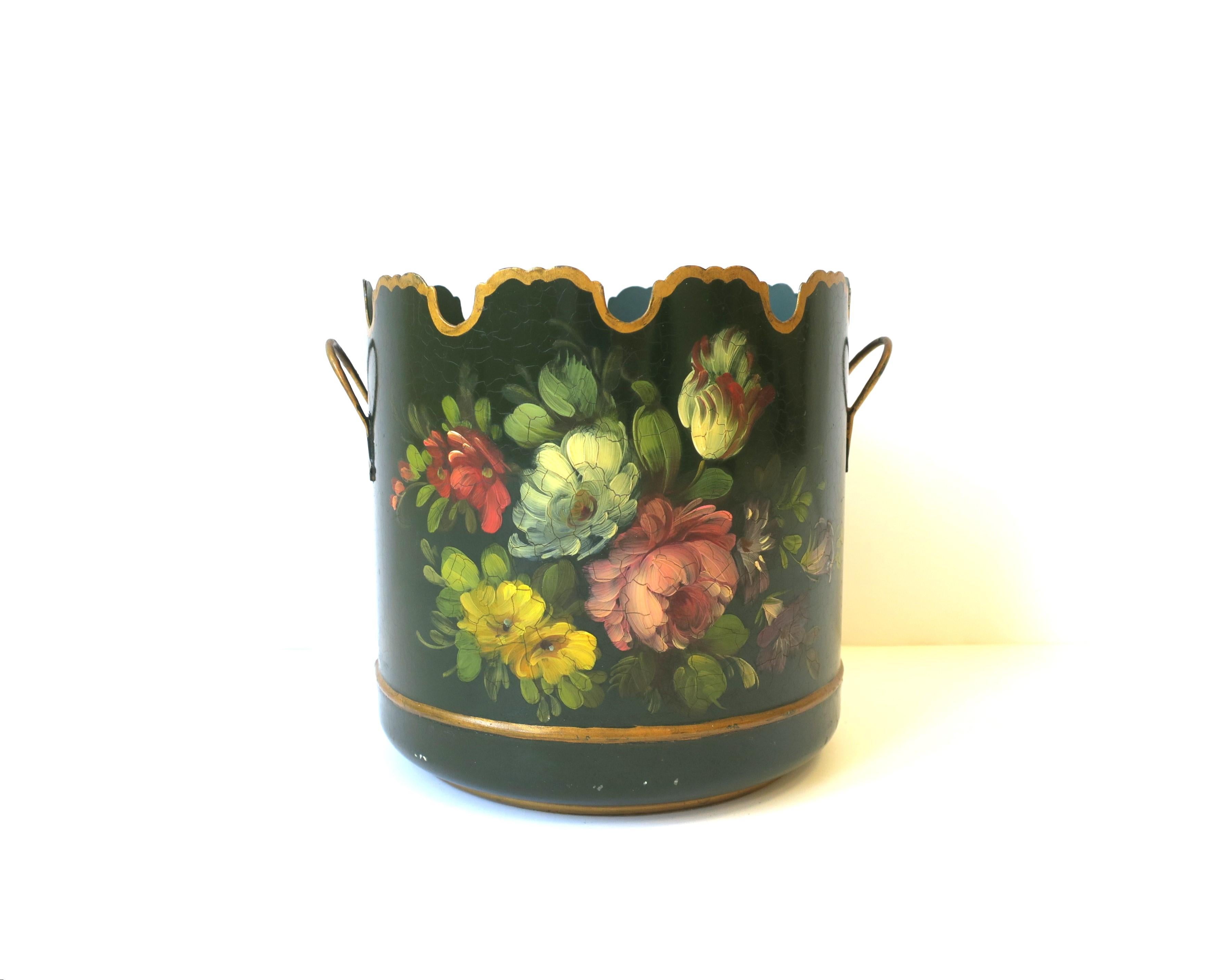 Metal French Tôle Green & Gold Jardinière Cachepot with Scalloped Edge, 20th c France For Sale