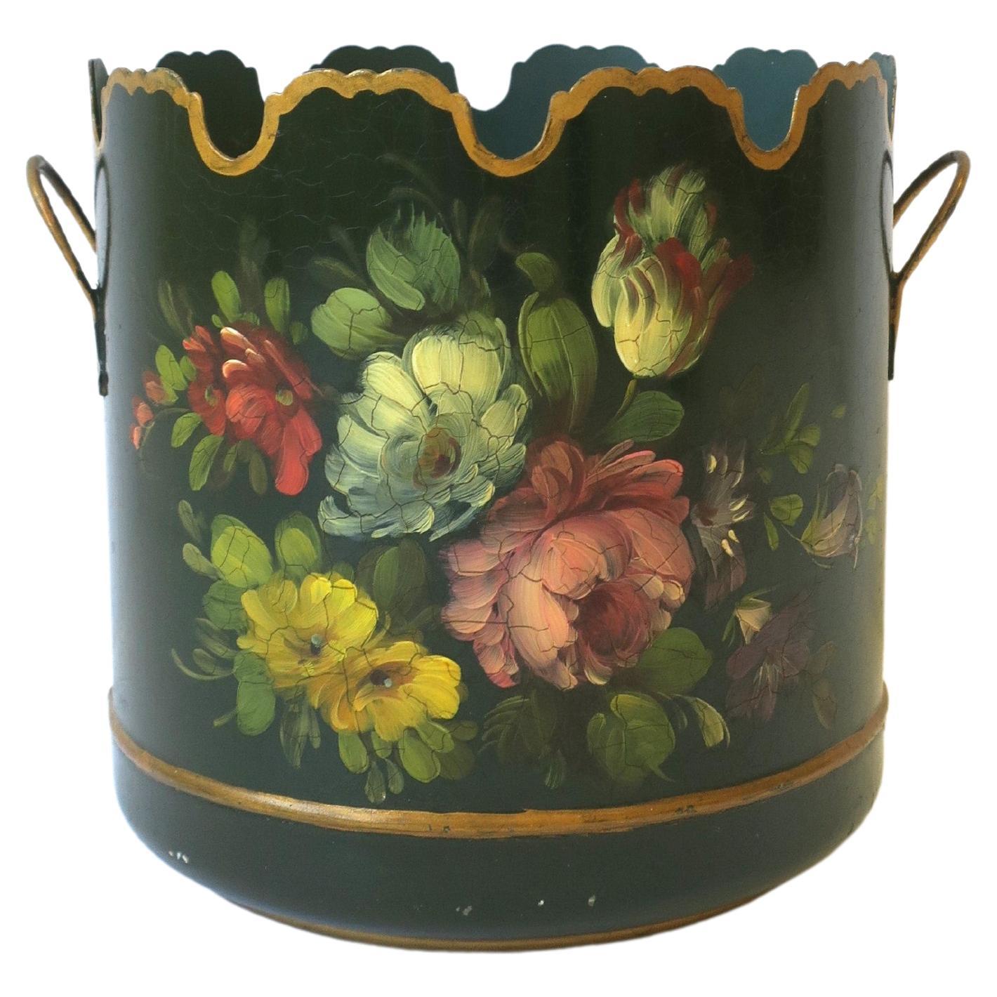 French Tôle Green & Gold Jardinière Cachepot with Scalloped Edge, 20th c France