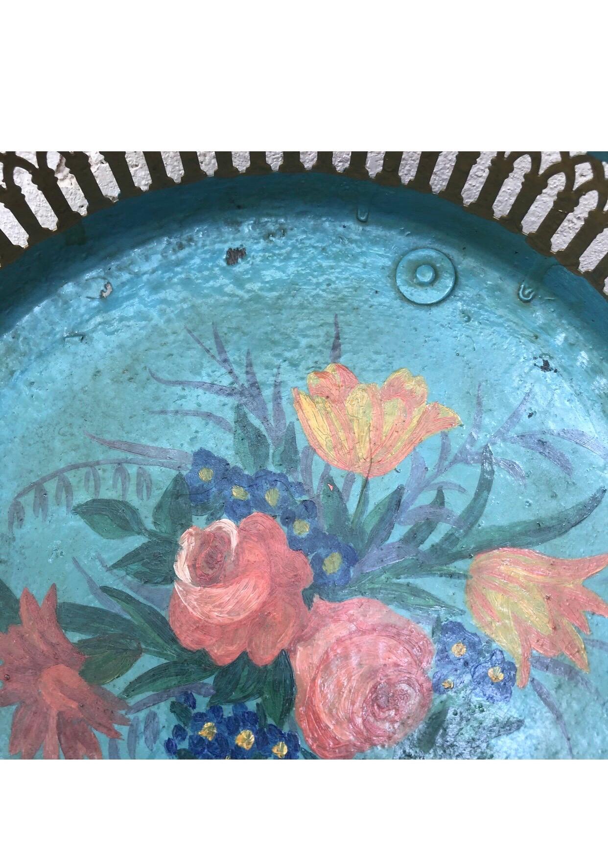 Mid-20th Century French Tole Handled Tray with Flowers, Circa 1930 For Sale