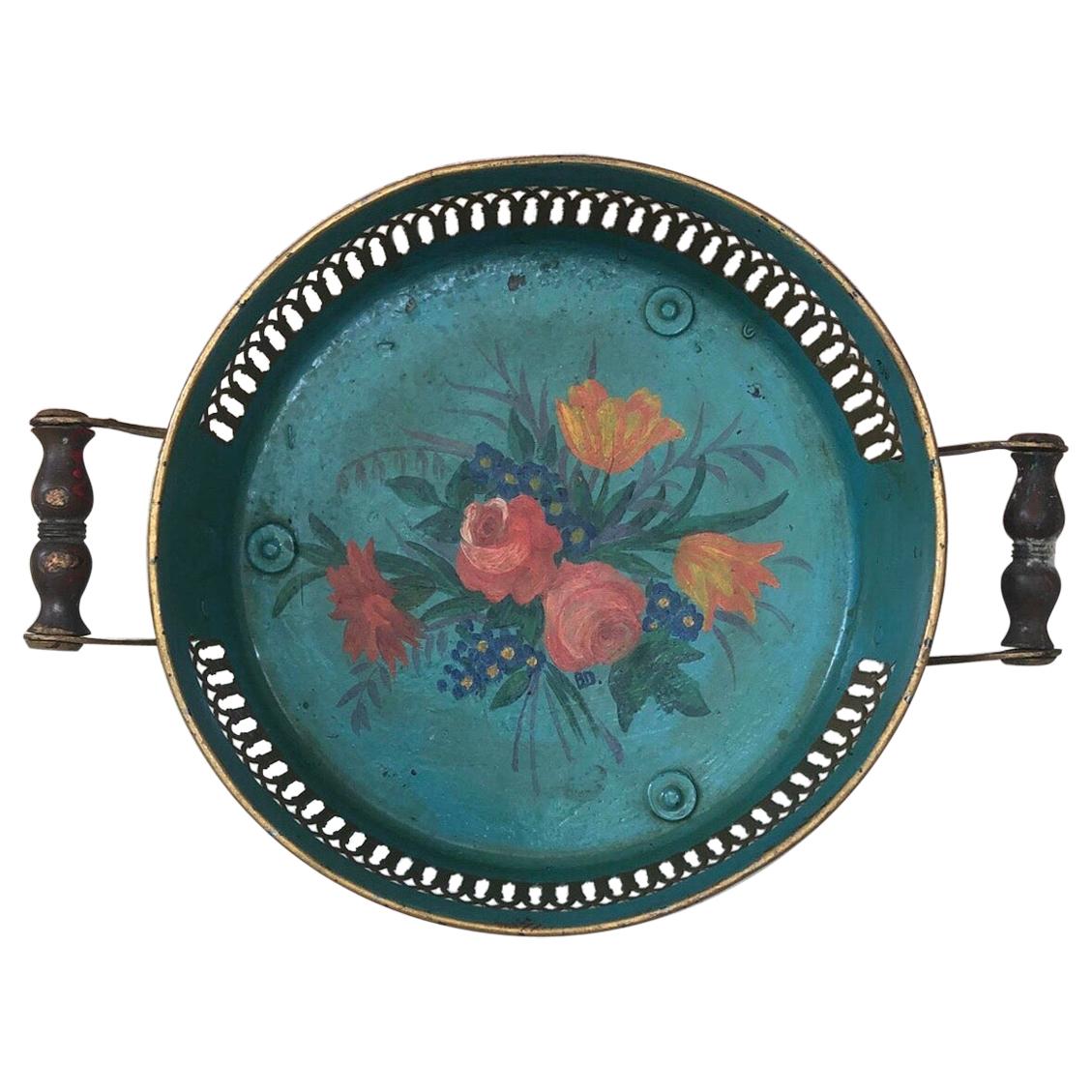 French Tole Handled Tray with Flowers, Circa 1930