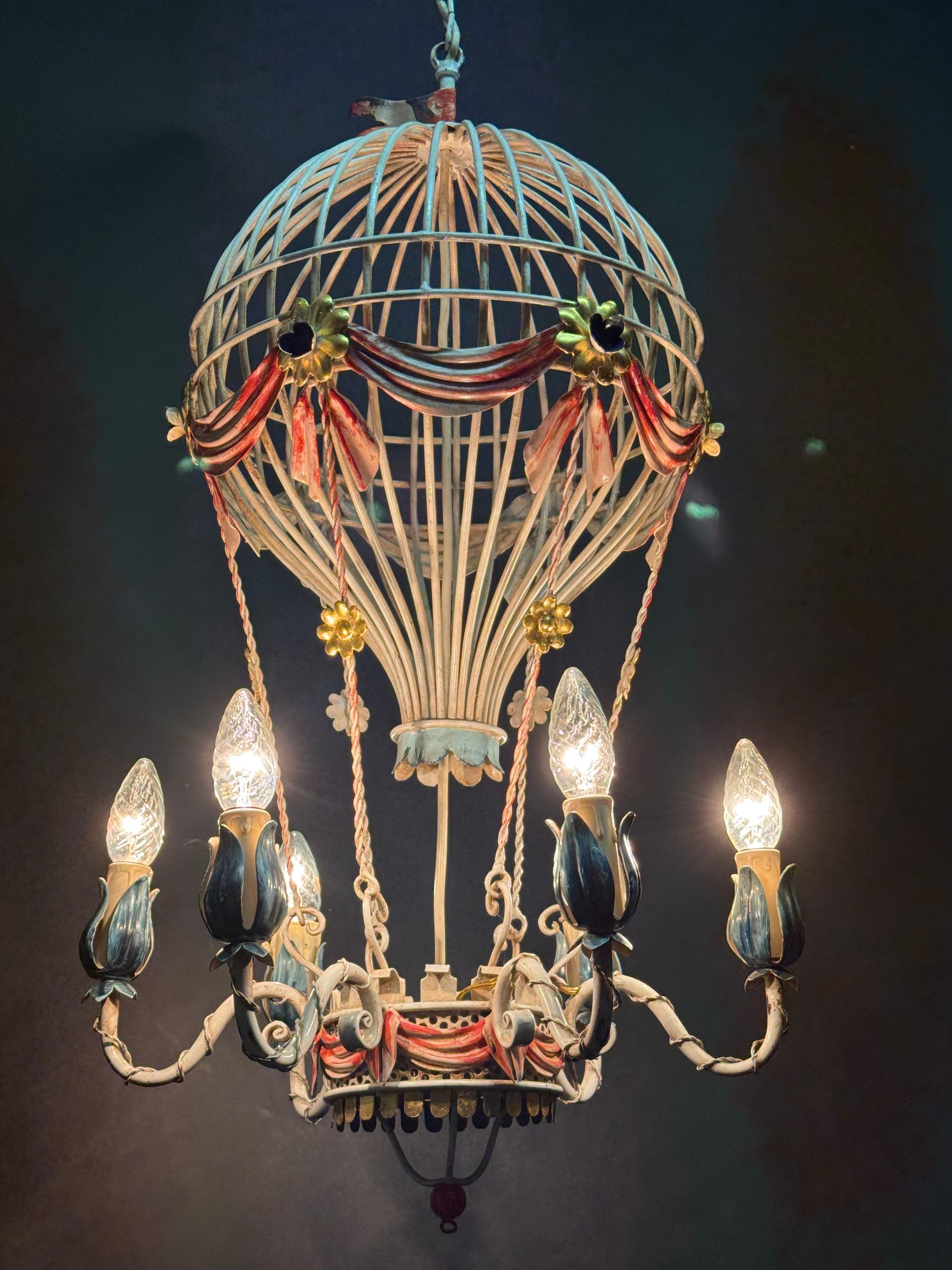 Painted French Tole Hot Air Balloon Chandelier, circa 1950s For Sale