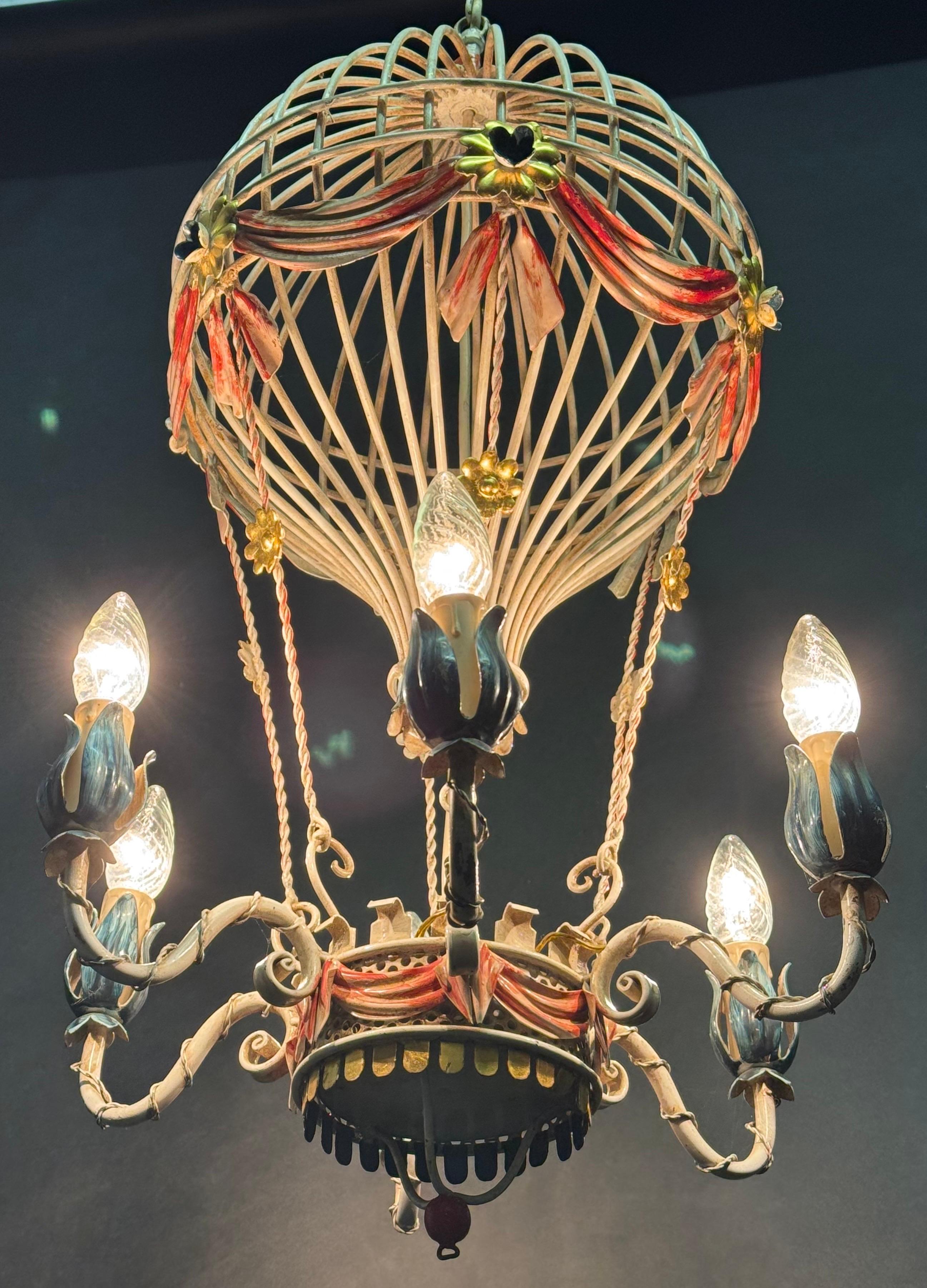 Metal French Tole Hot Air Balloon Chandelier, circa 1950s For Sale