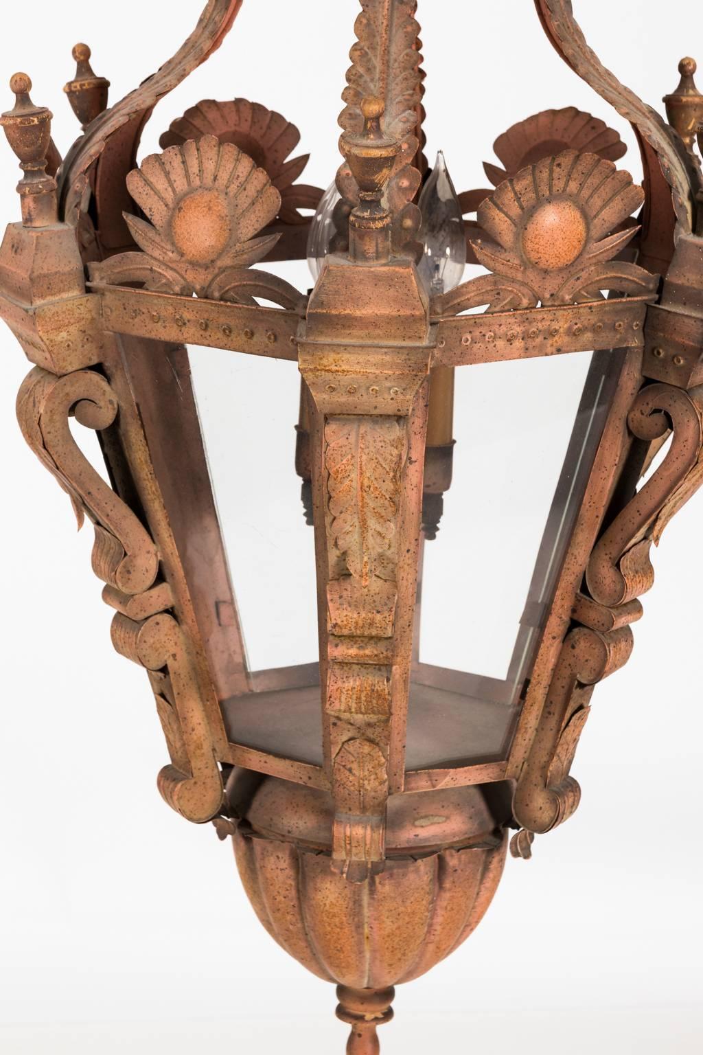 French tole lantern with crown and foliage detail in a crème painted finish, circa 1980.