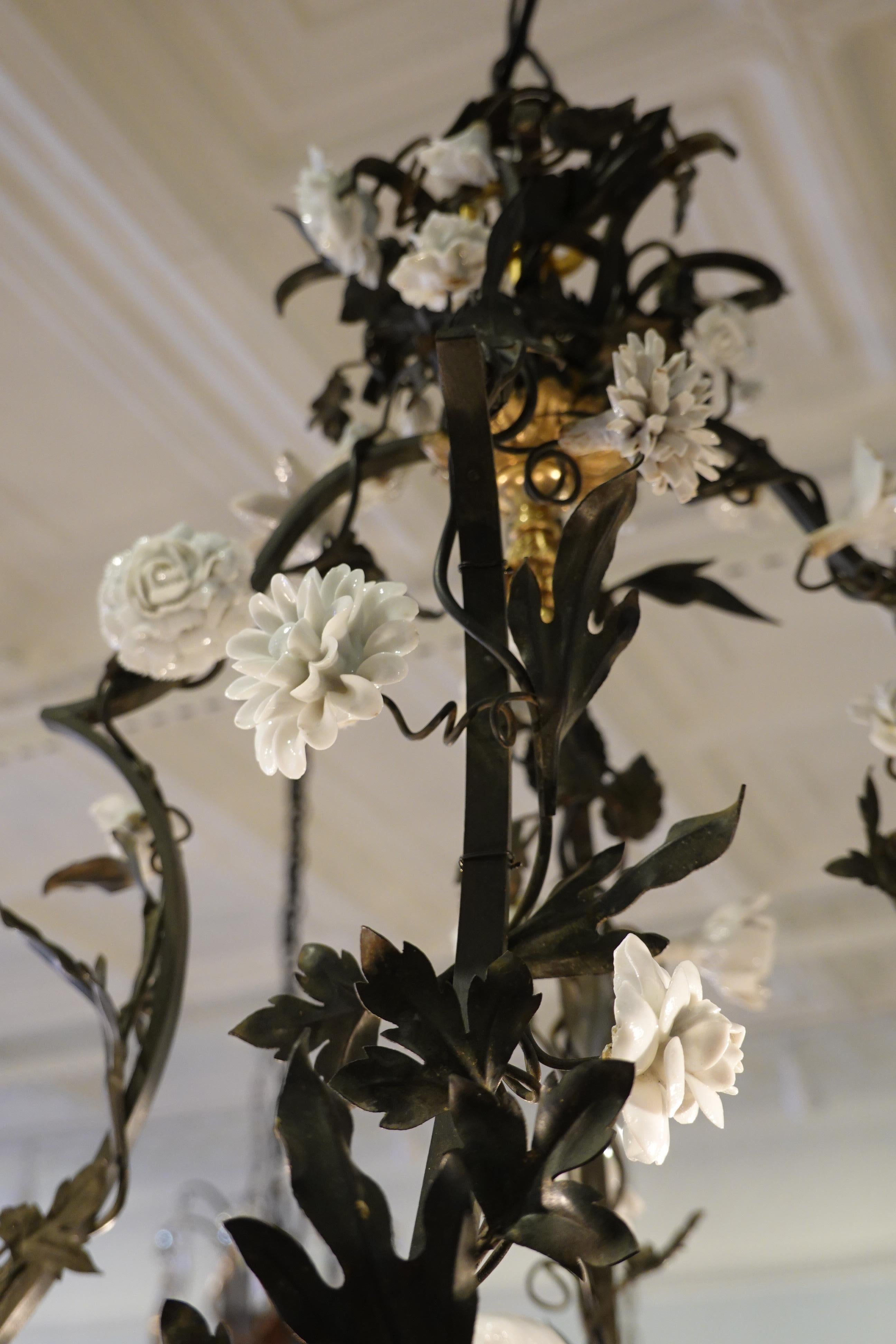 Bronze French Tole Leaf Chandelier with White Porcelain Bird and Flowers