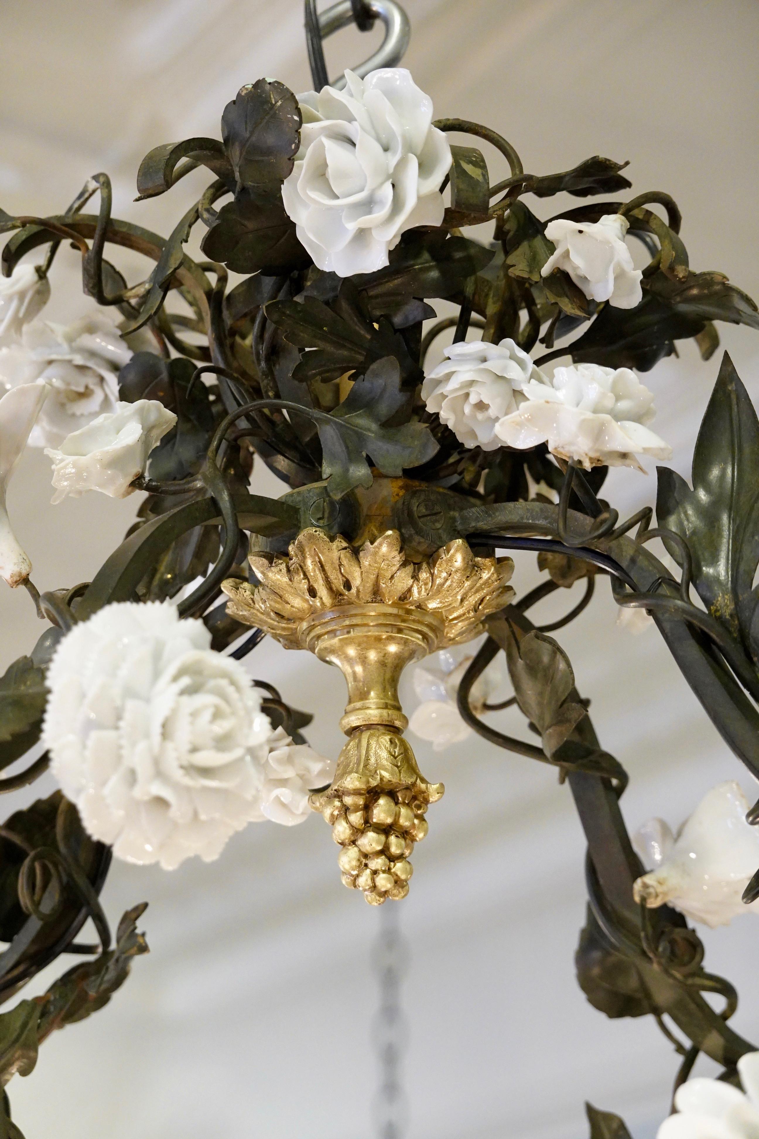 French Tole Leaf Chandelier with White Porcelain Bird and Flowers 1