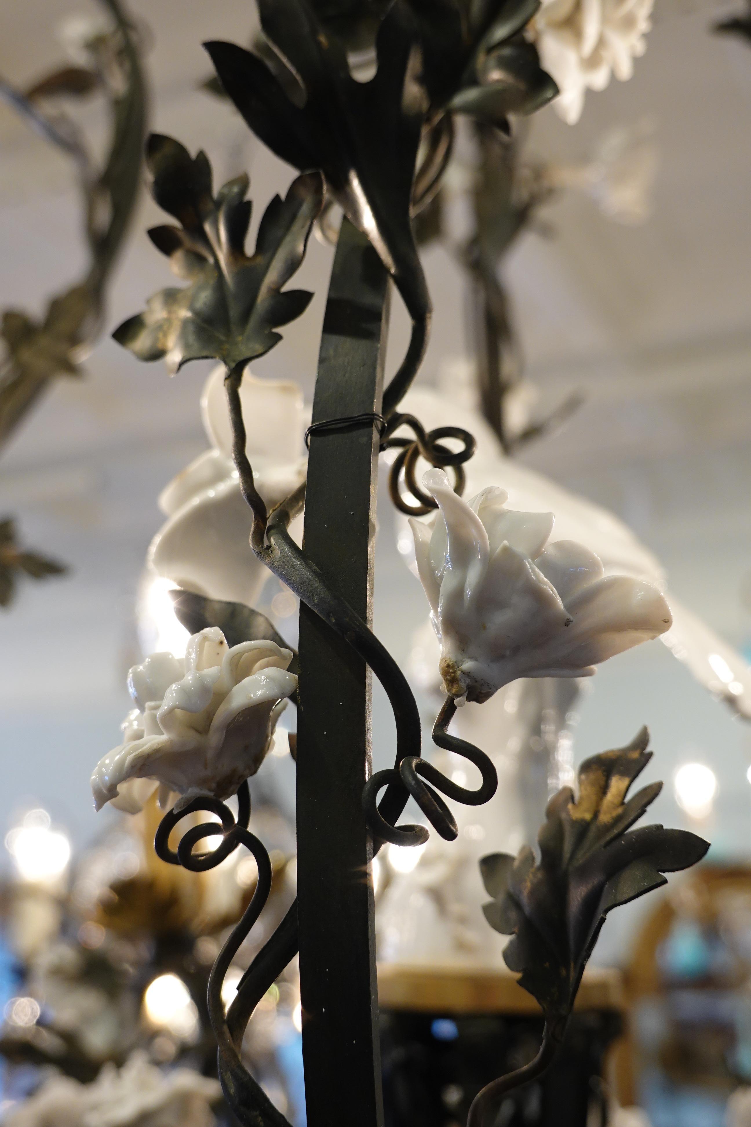 French Tole Leaf Chandelier with White Porcelain Bird and Flowers 2