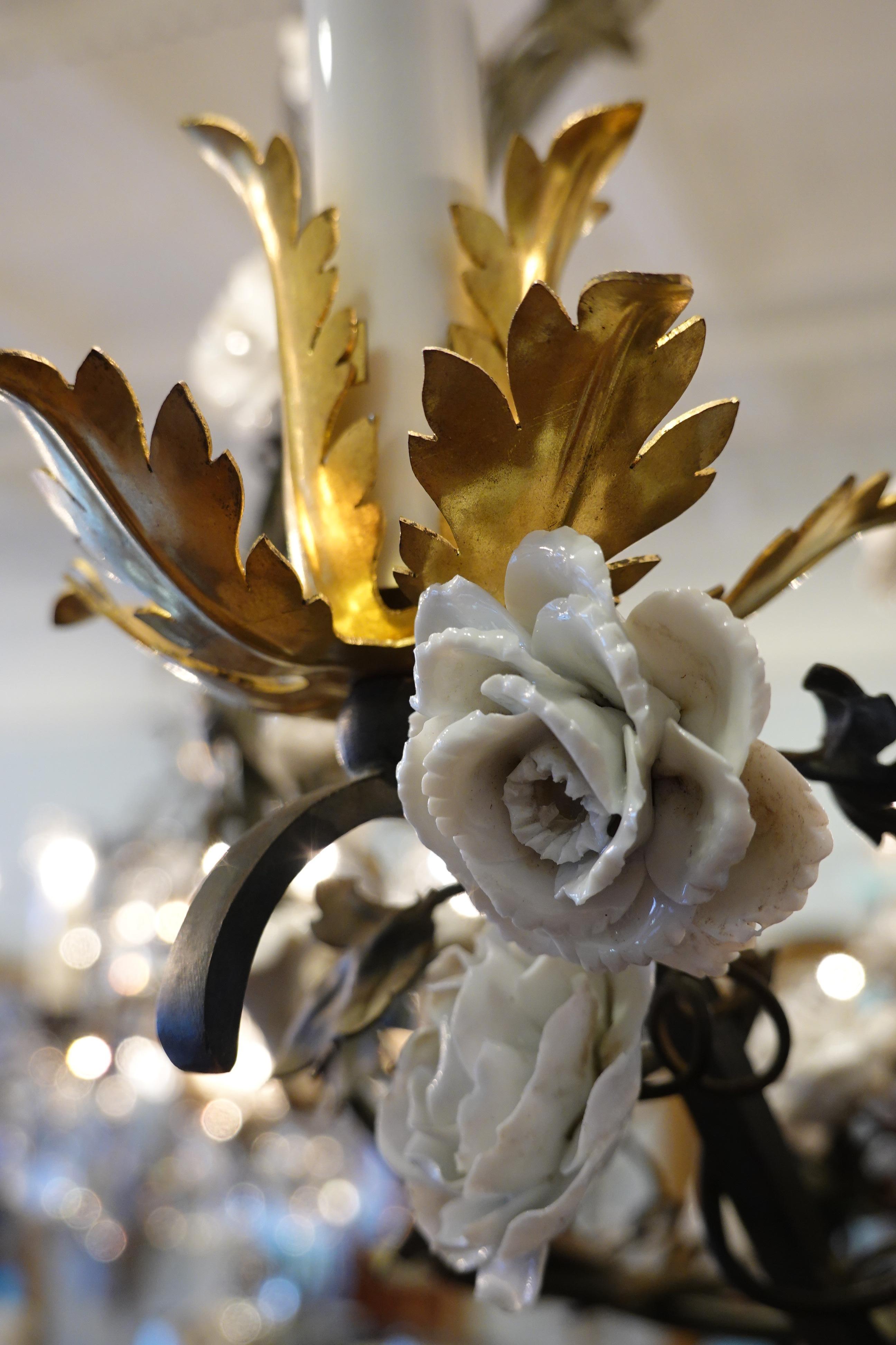 French Tole Leaf Chandelier with White Porcelain Bird and Flowers 3