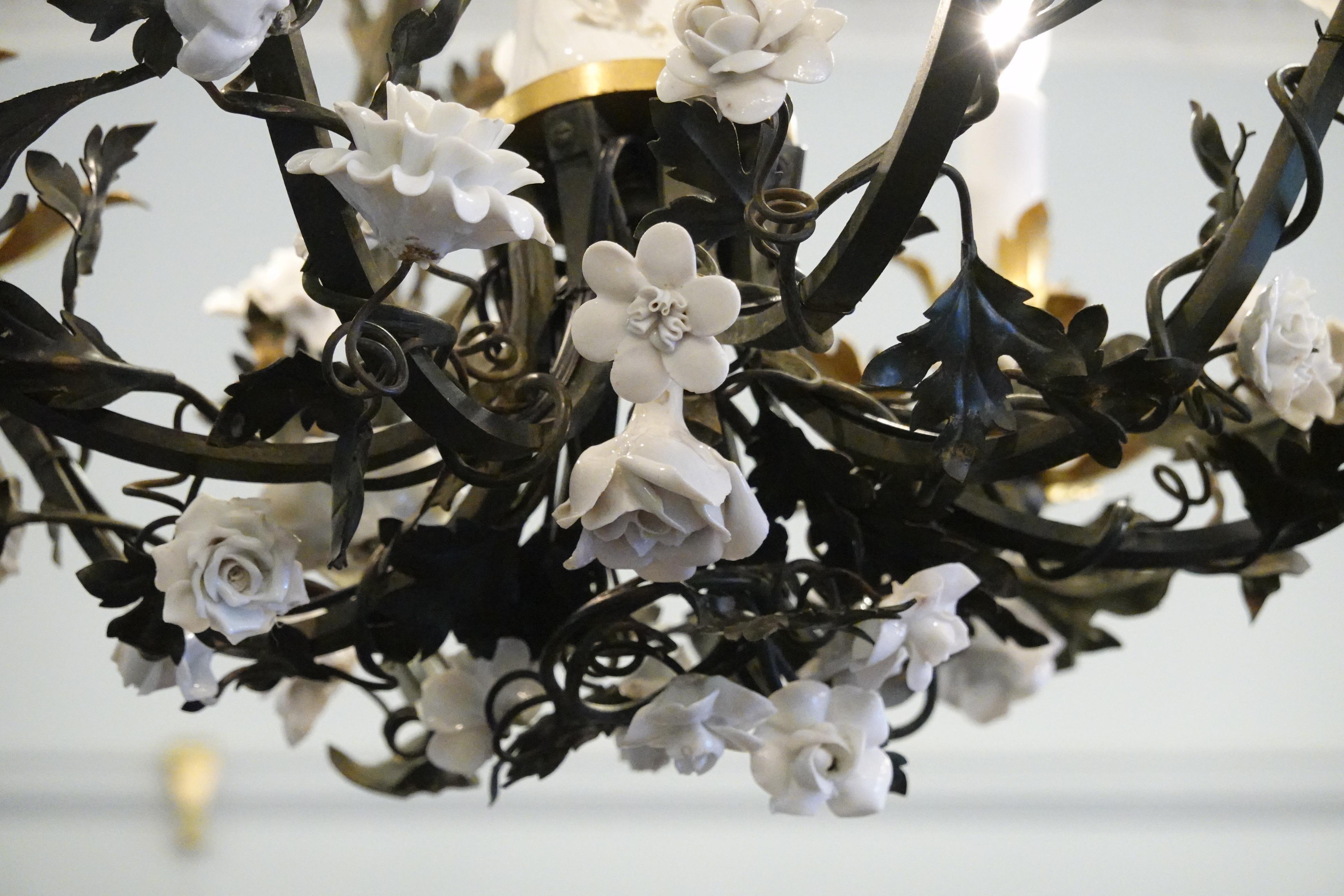French Tole Leaf Chandelier with White Porcelain Bird and Flowers 4