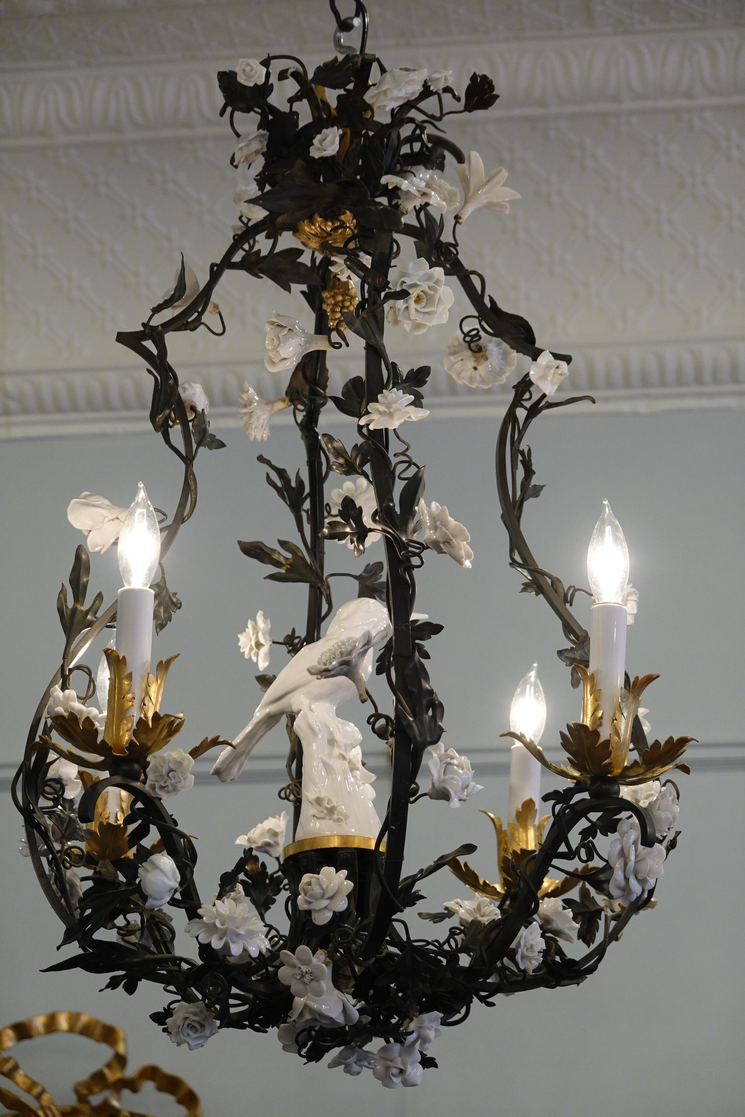 French Tole Leaf Chandelier with White Porcelain Bird and Flowers 5