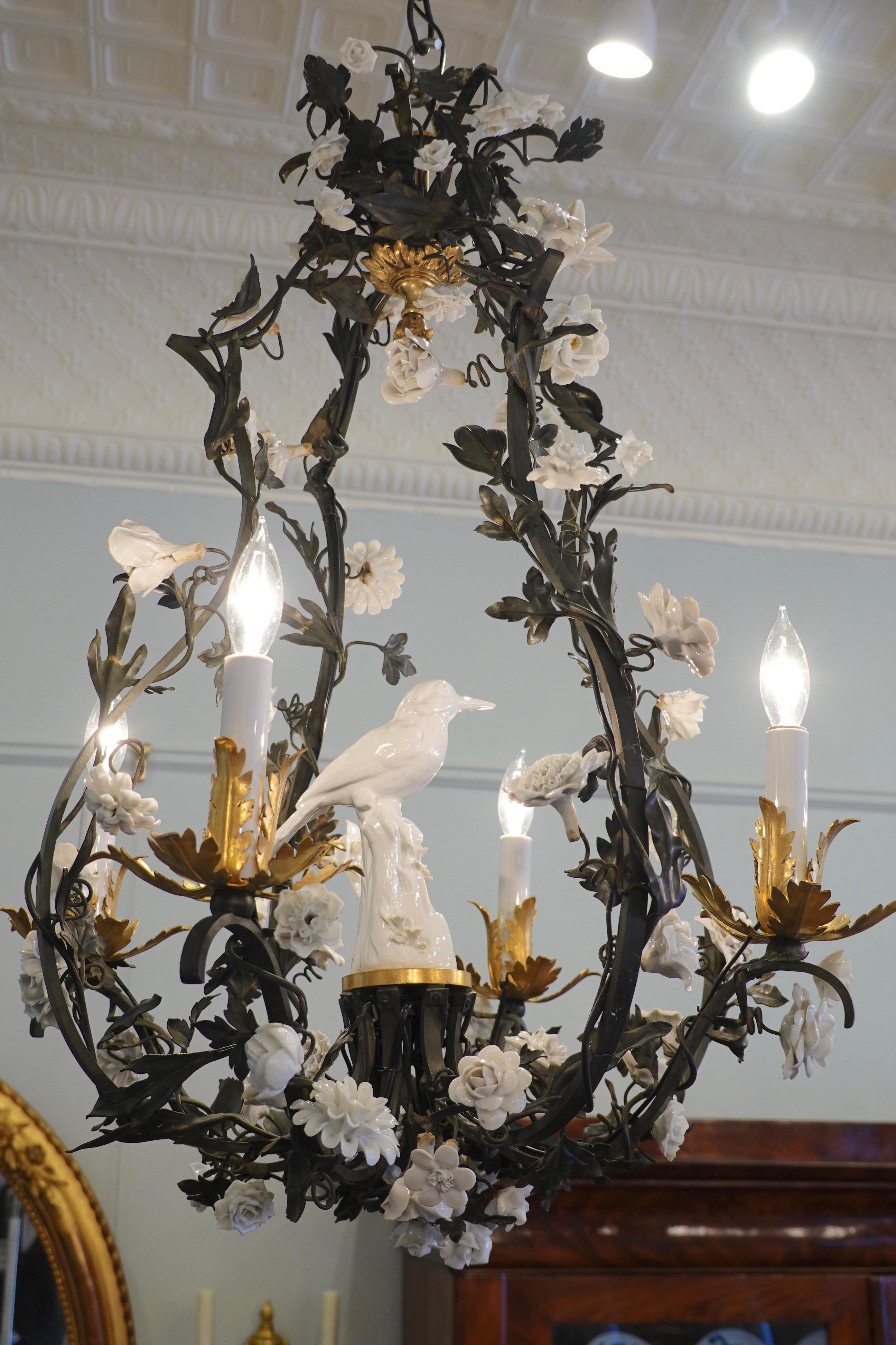 French Tole Leaf Chandelier with White Porcelain Bird and Flowers 6