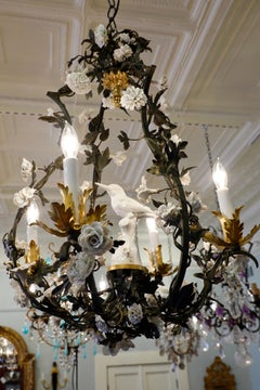 French Tole Leaf Chandelier with White Porcelain Bird and Flowers