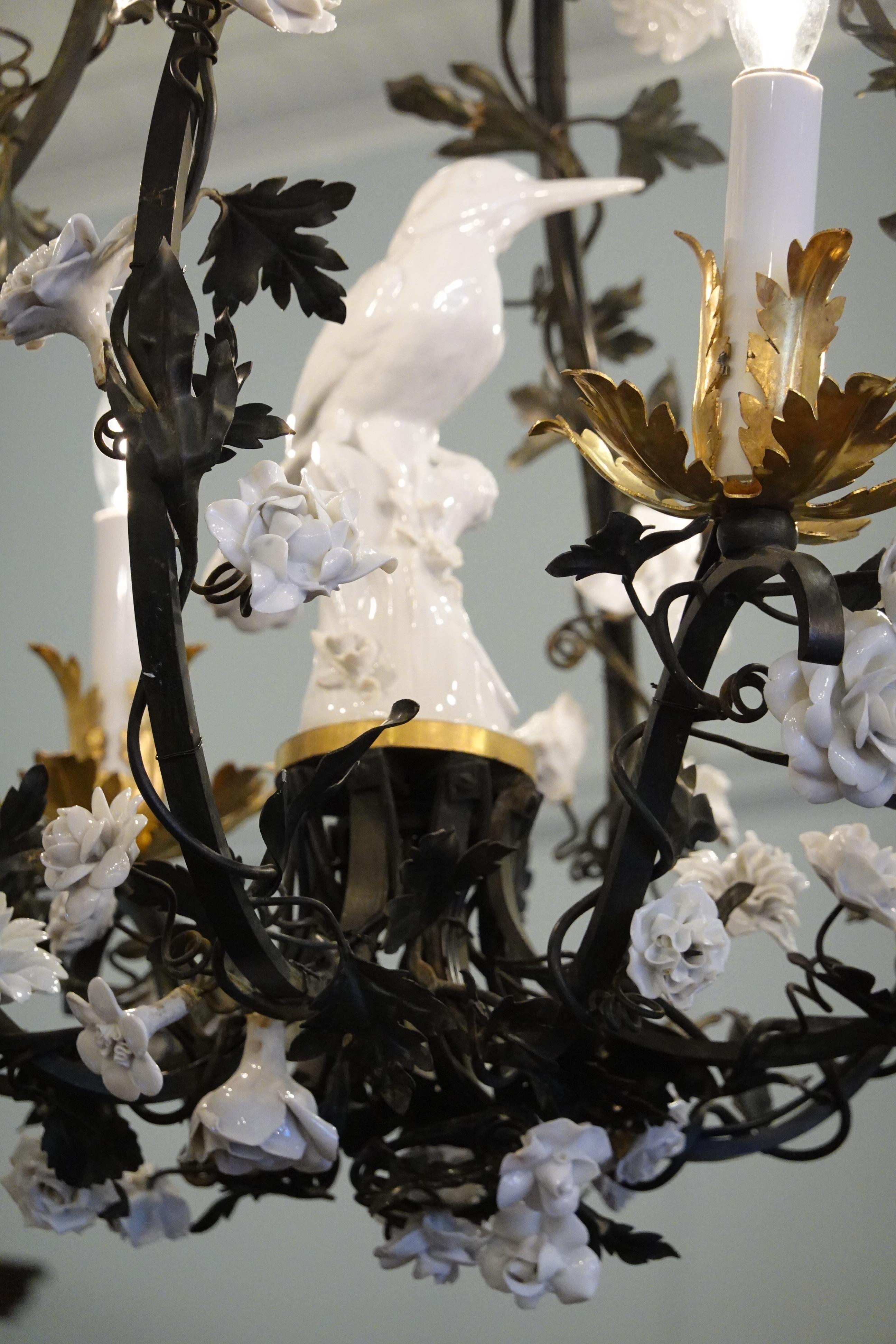 Louis XV French Tole Leaf Chandelier with White Porcelain Bird and Flowers