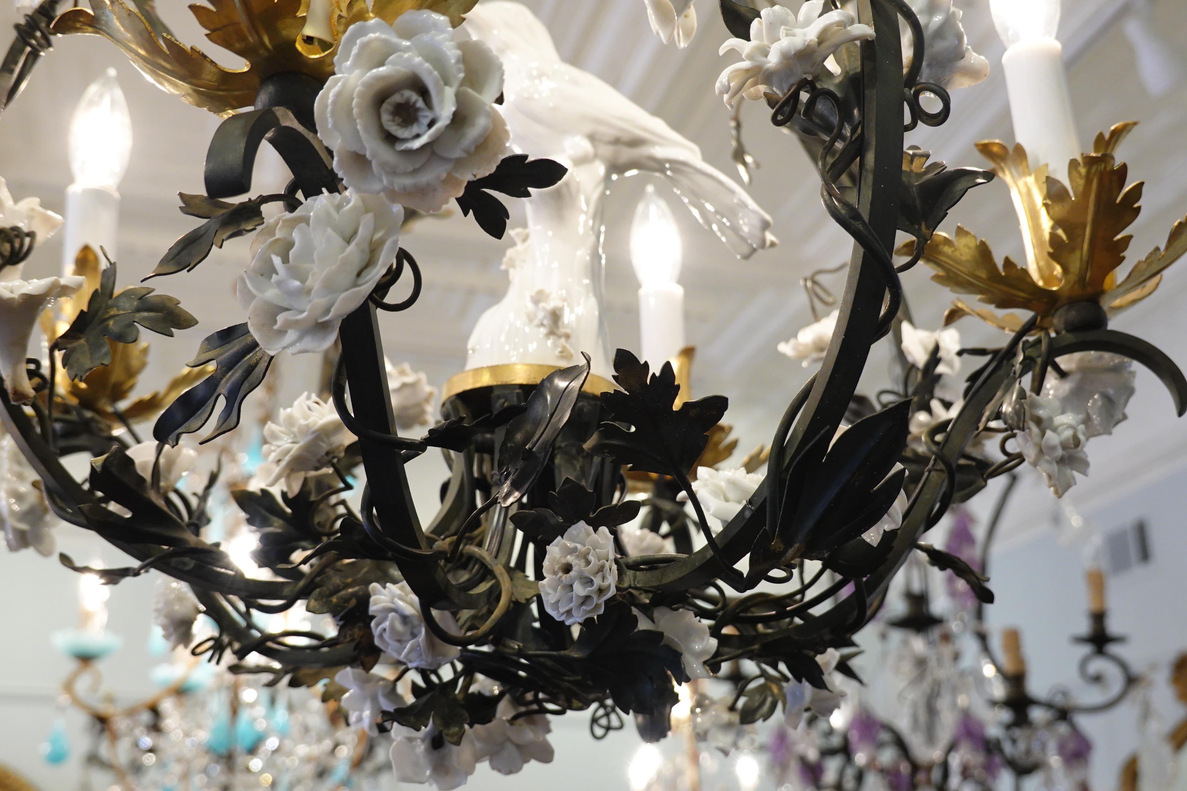 Gilt French Tole Leaf Chandelier with White Porcelain Bird and Flowers