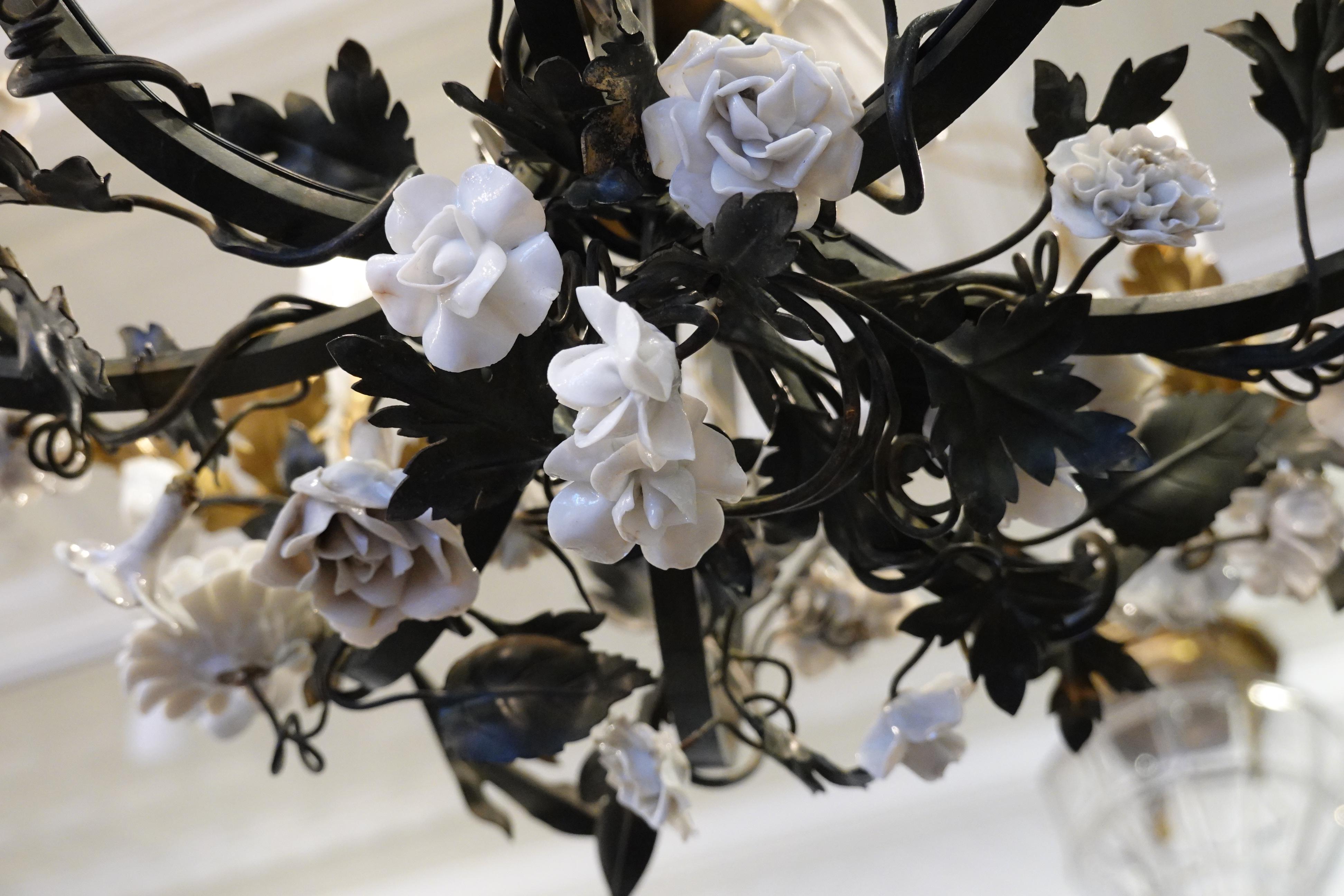 20th Century French Tole Leaf Chandelier with White Porcelain Bird and Flowers