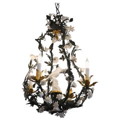 French Tole Leaf Chandelier with White Porcelain Bird and Flowers