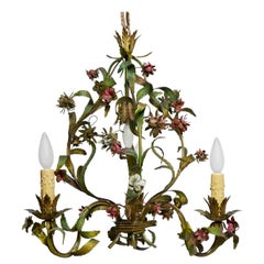 Vintage French Tole Painted Floral Chandelier Light Fixture