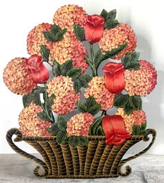 French Tole-Painted Floral Dummy Board – Basket of Tulips & Hydrangeas, 20th C.