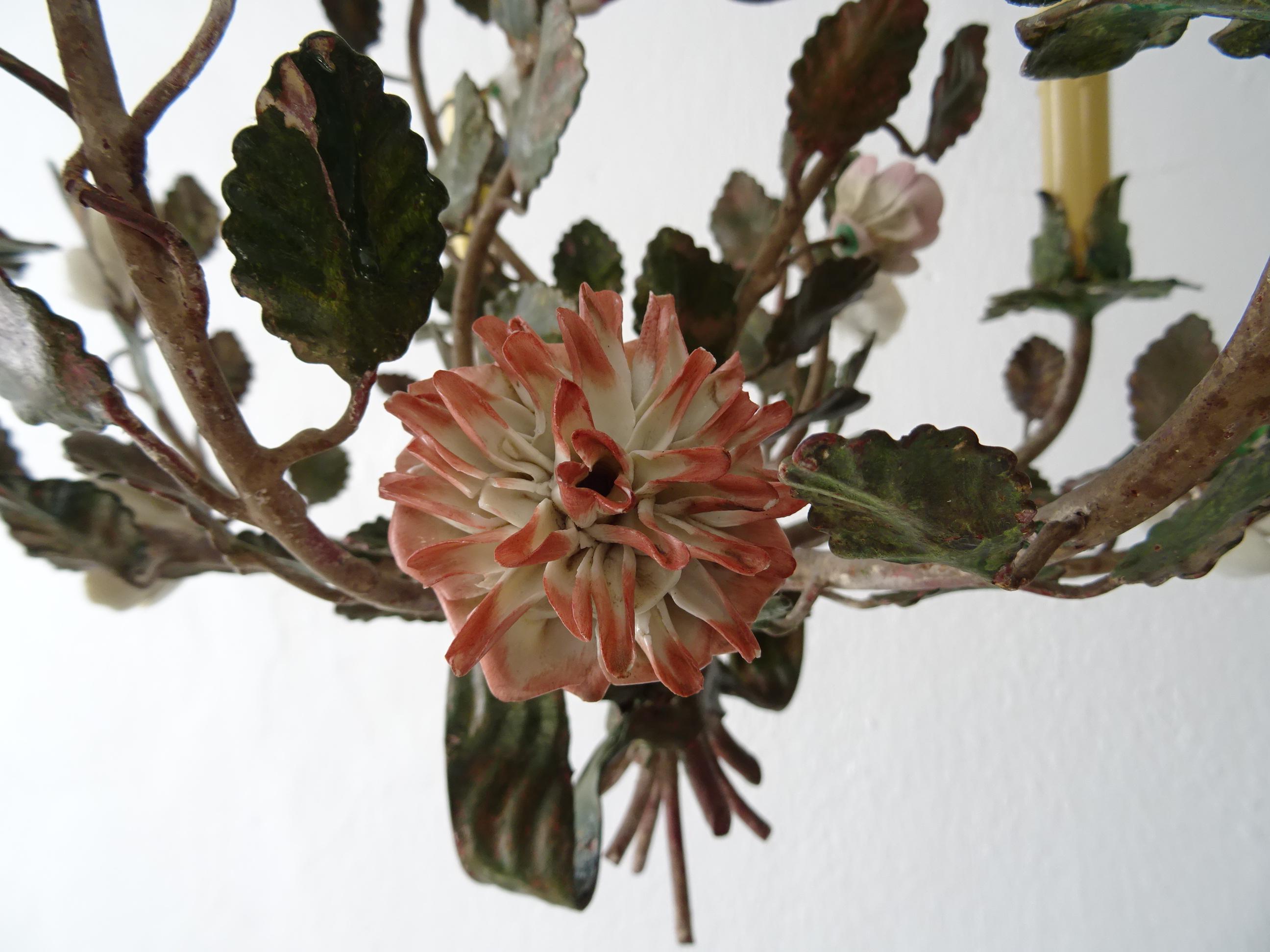 French Tole Pastel Porcelain Flowers Chandelier Green Bow, Circa 1920 6