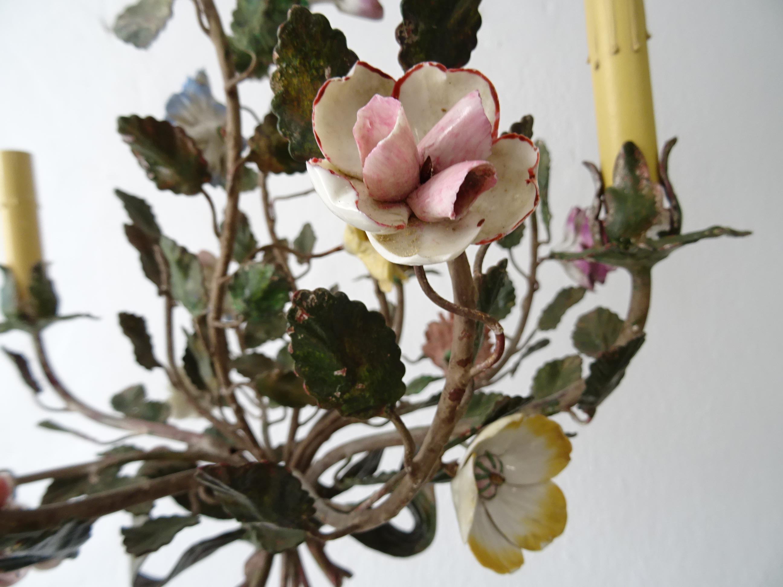 French Tole Pastel Porcelain Flowers Chandelier Green Bow, Circa 1920 7