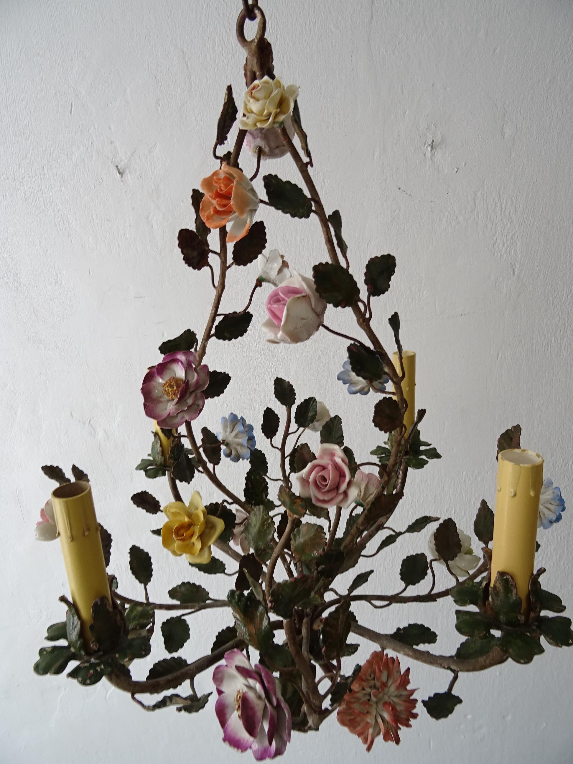 French Tole Pastel Porcelain Flowers Chandelier Green Bow, Circa 1920 8