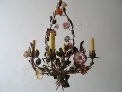 French Tole Pastel Porcelain Flowers Chandelier Green Bow, Circa 1920