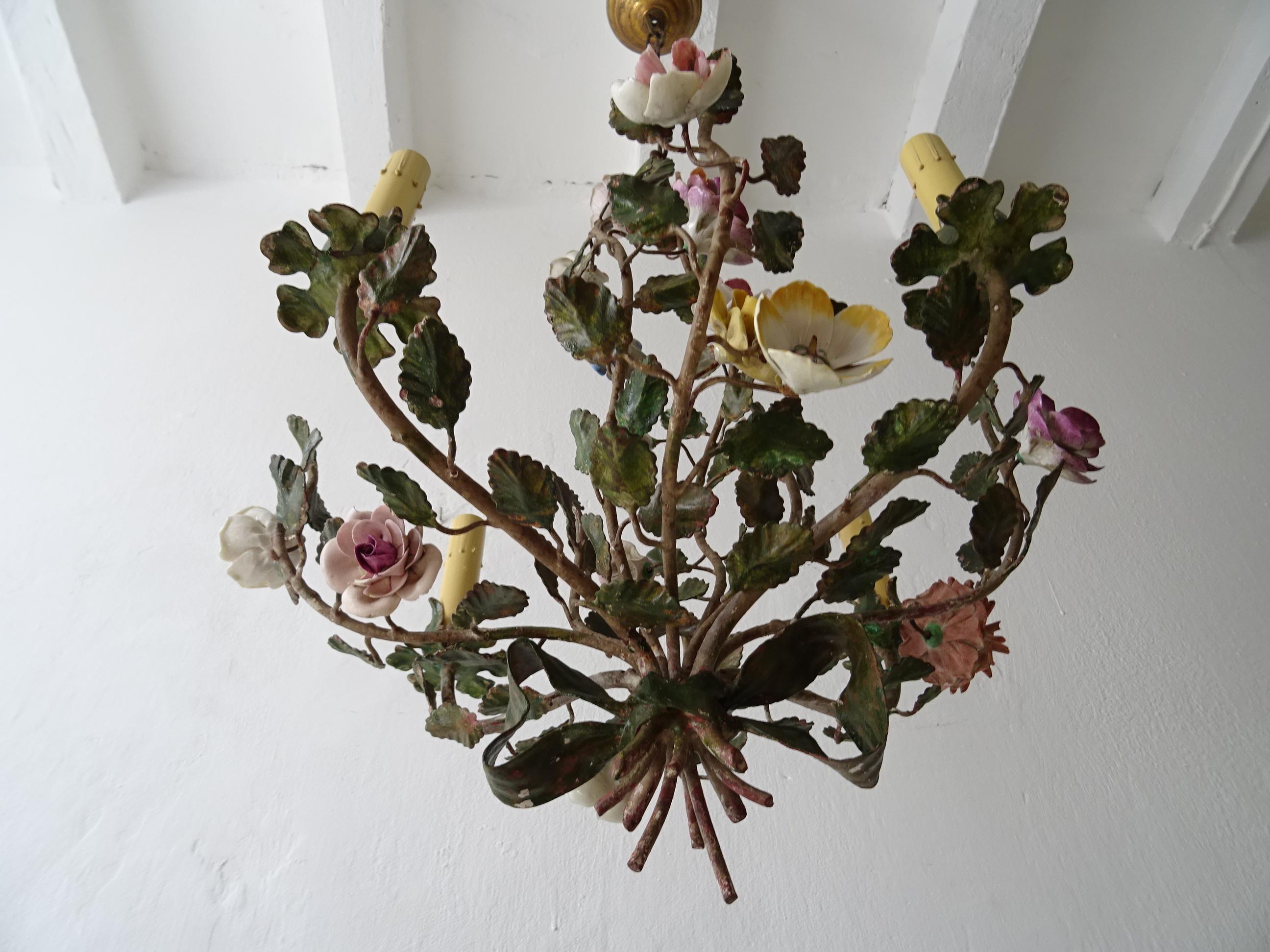 Early 20th Century French Tole Pastel Porcelain Flowers Chandelier Green Bow, Circa 1920