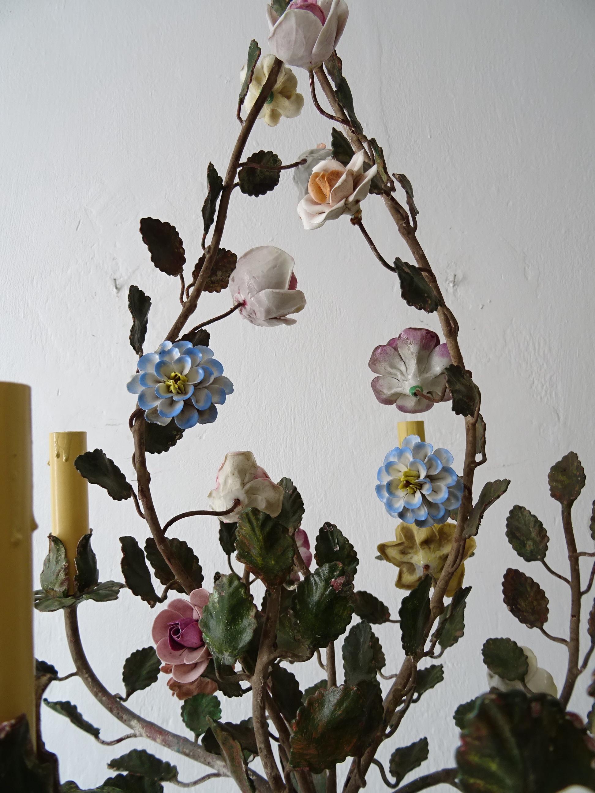 French Tole Pastel Porcelain Flowers Chandelier Green Bow, Circa 1920 2