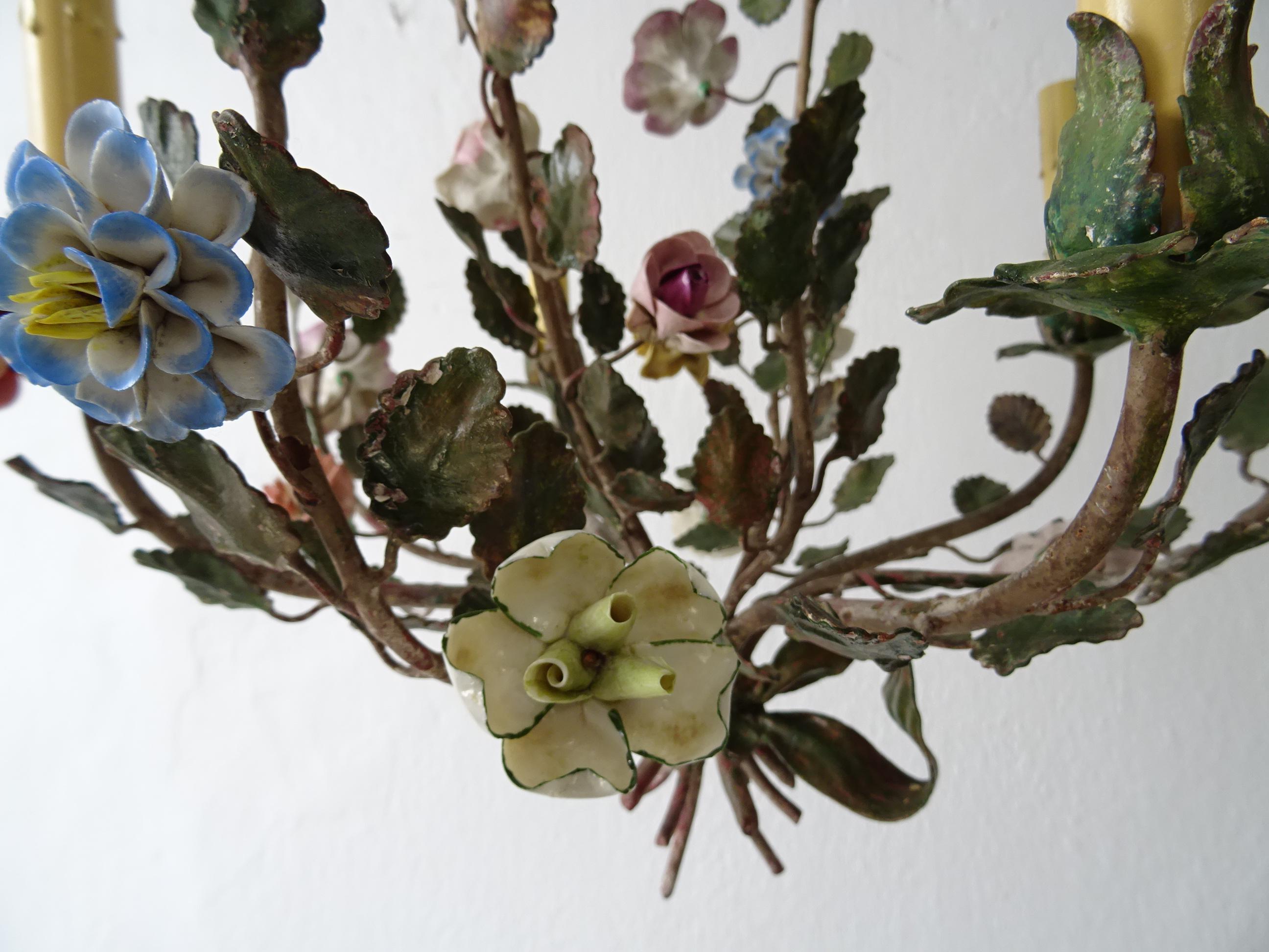 French Tole Pastel Porcelain Flowers Chandelier Green Bow, Circa 1920 3
